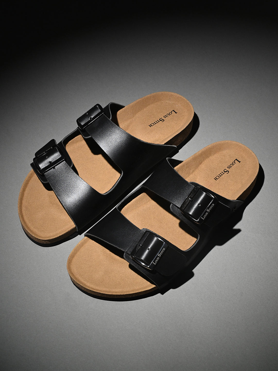 Jet Black Lightweight Open Toe Double Strap Slip-on Cork Sandal