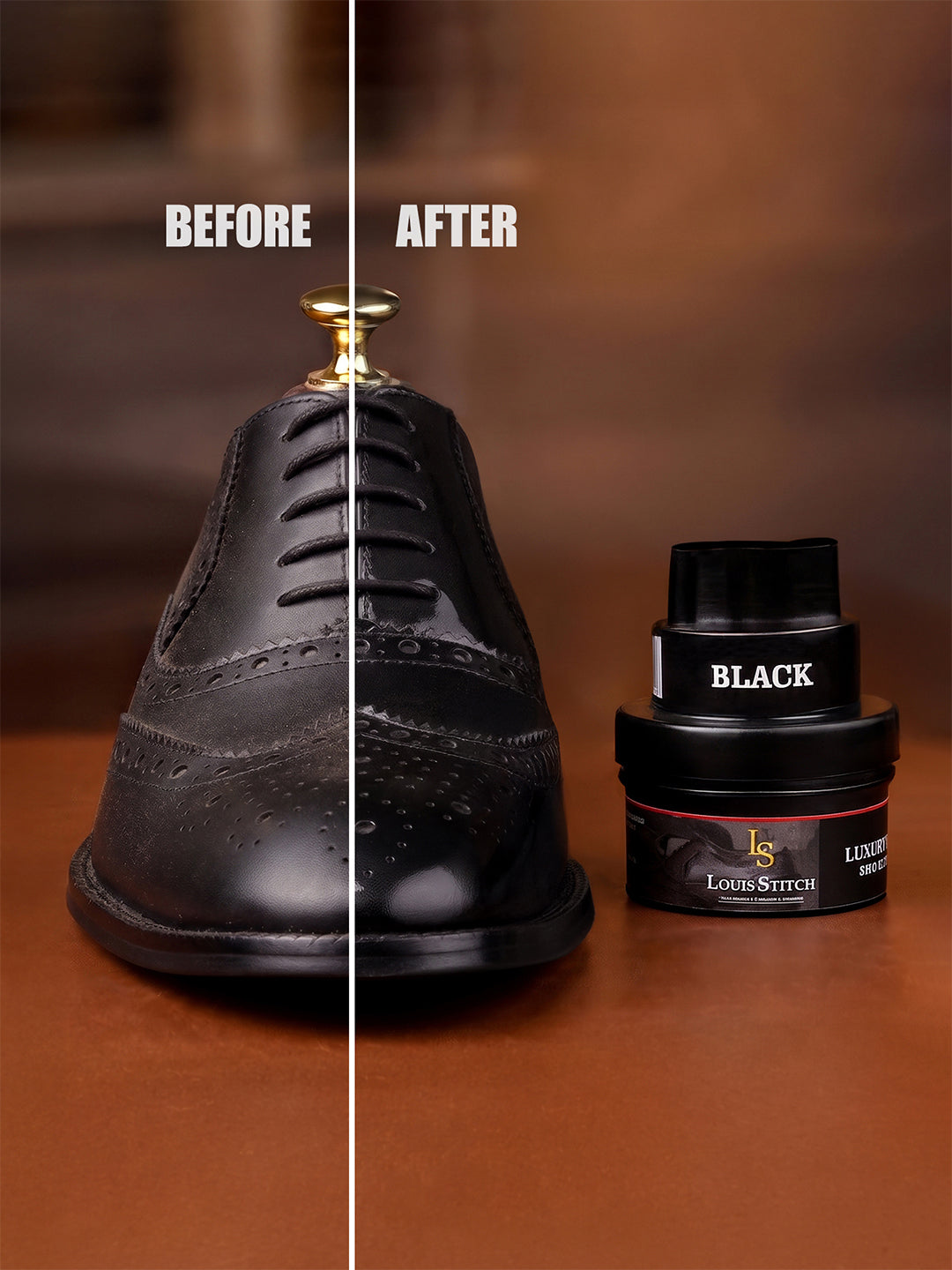 Black and Neutral Leather Shoe Cream with Applicator For Leather items