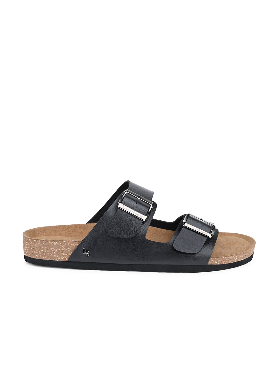 Jet Black Lightweight Open Toe Double Strap Slip-on Cork Sandal