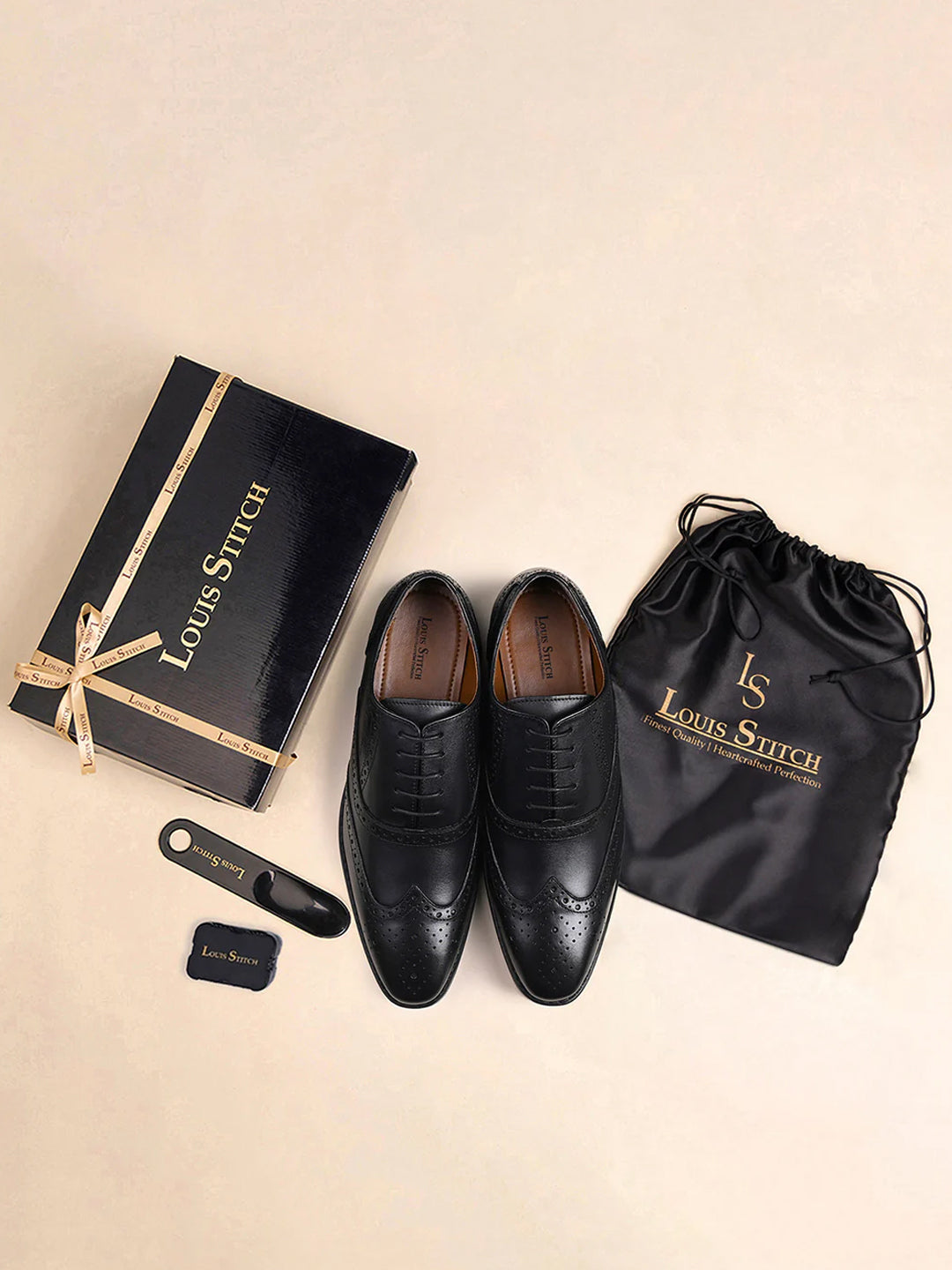 Jet Black Egyptian Crust Leather Brogue Shoes