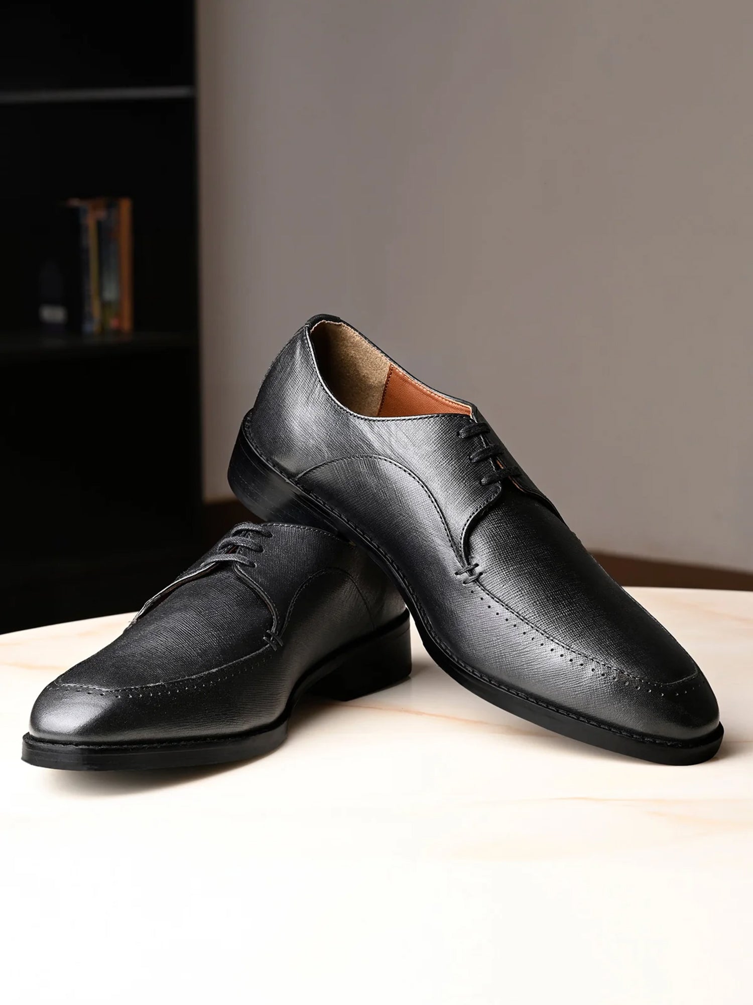 Jet Black Egyptian Crust Leather Derby Style Comfortable Laceup Shoes