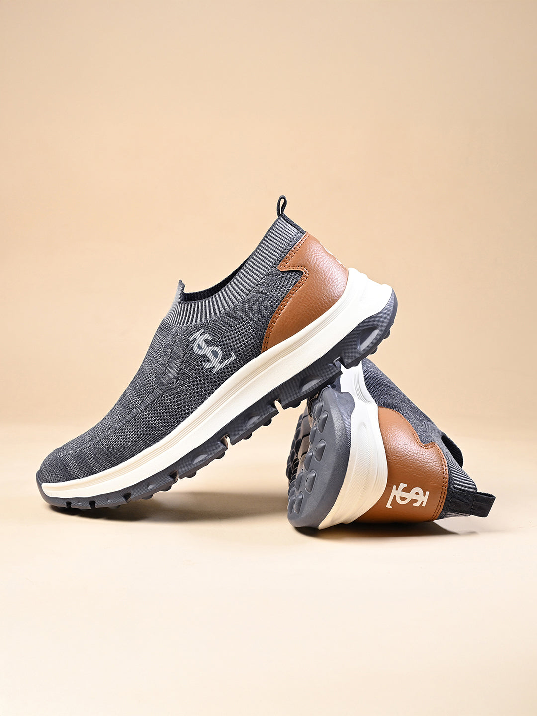 Grey and Tan Lightweight Aethleisure Flyknit Sport Shoes