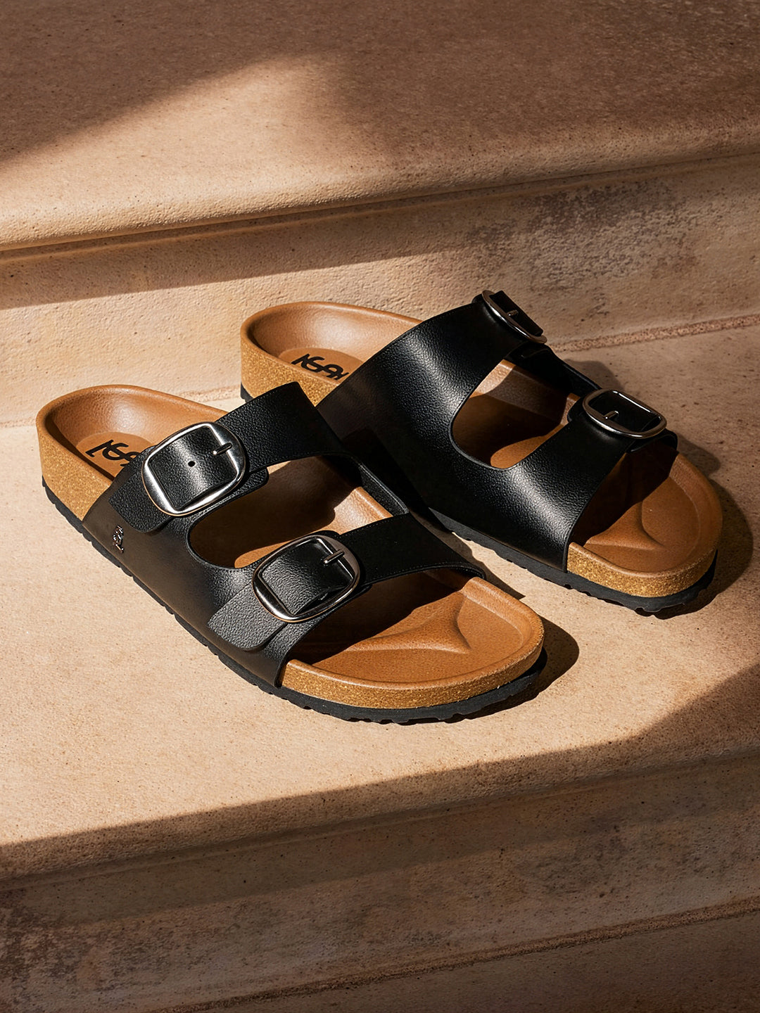 Black Double Strap Lightweight Open Toe Cork Sandal