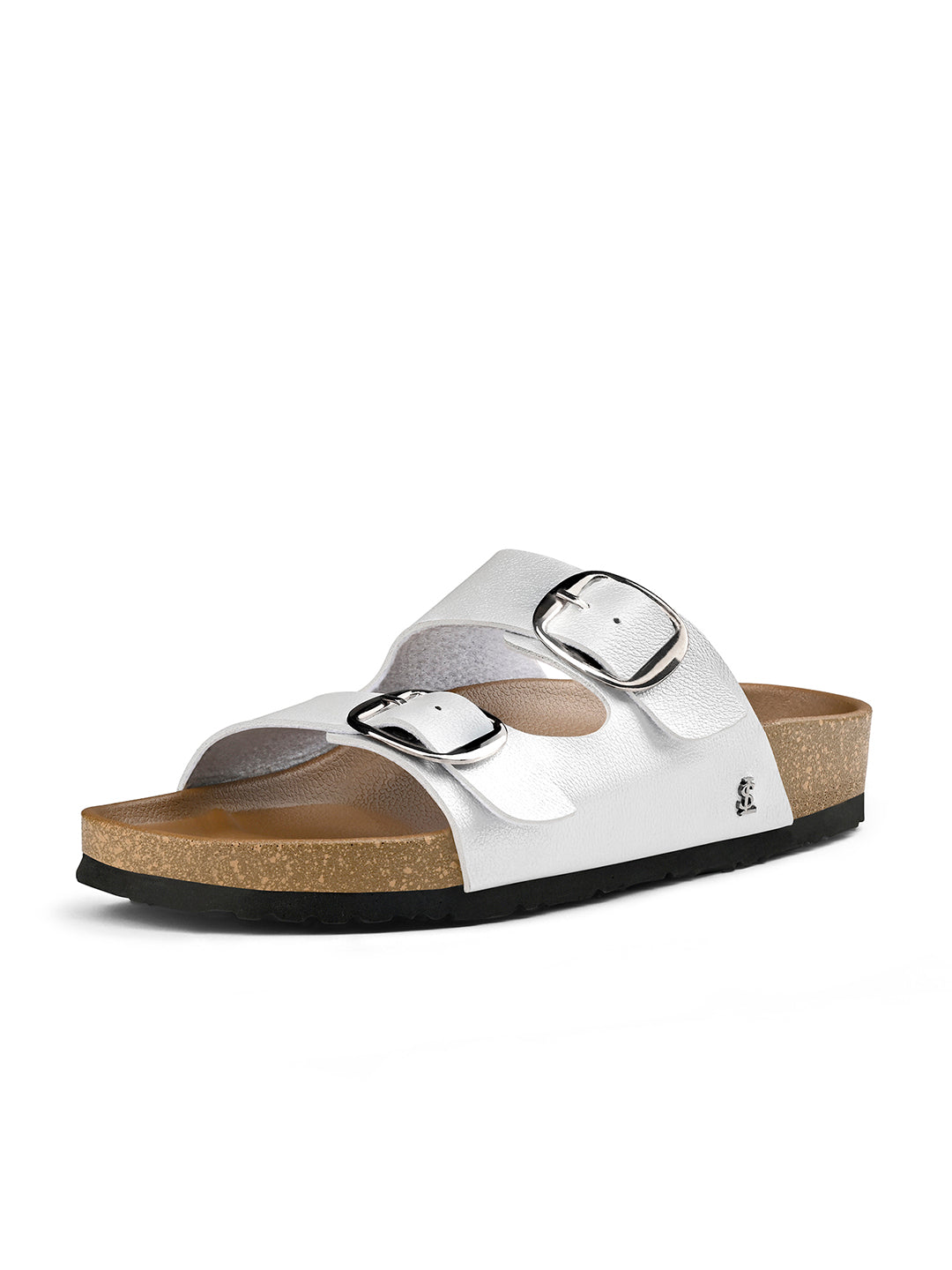 Dewy Silver Double Strap Lightweight Open Toe Cork Sandal