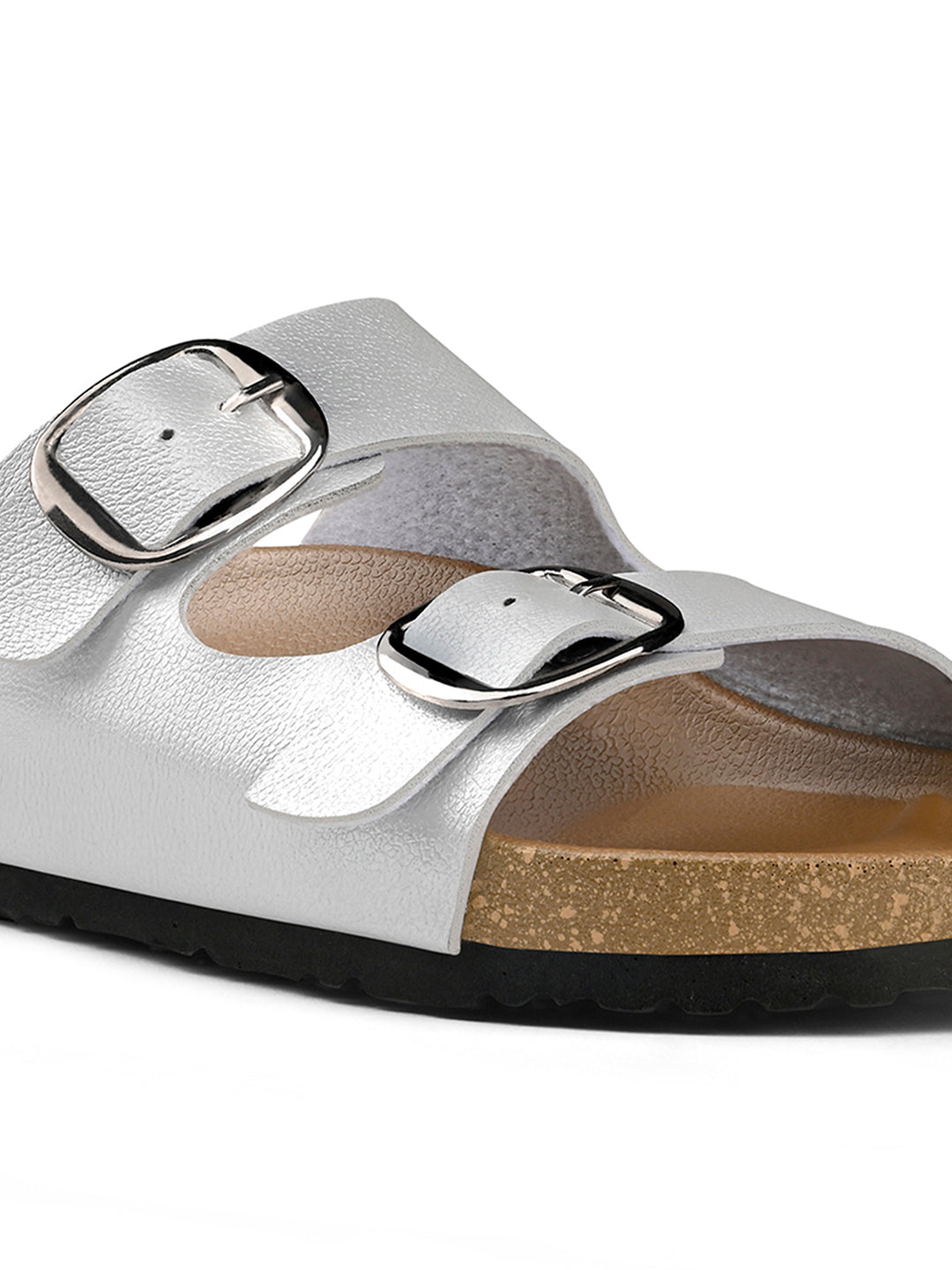 Dewy Silver Double Strap Lightweight Open Toe Cork Sandal