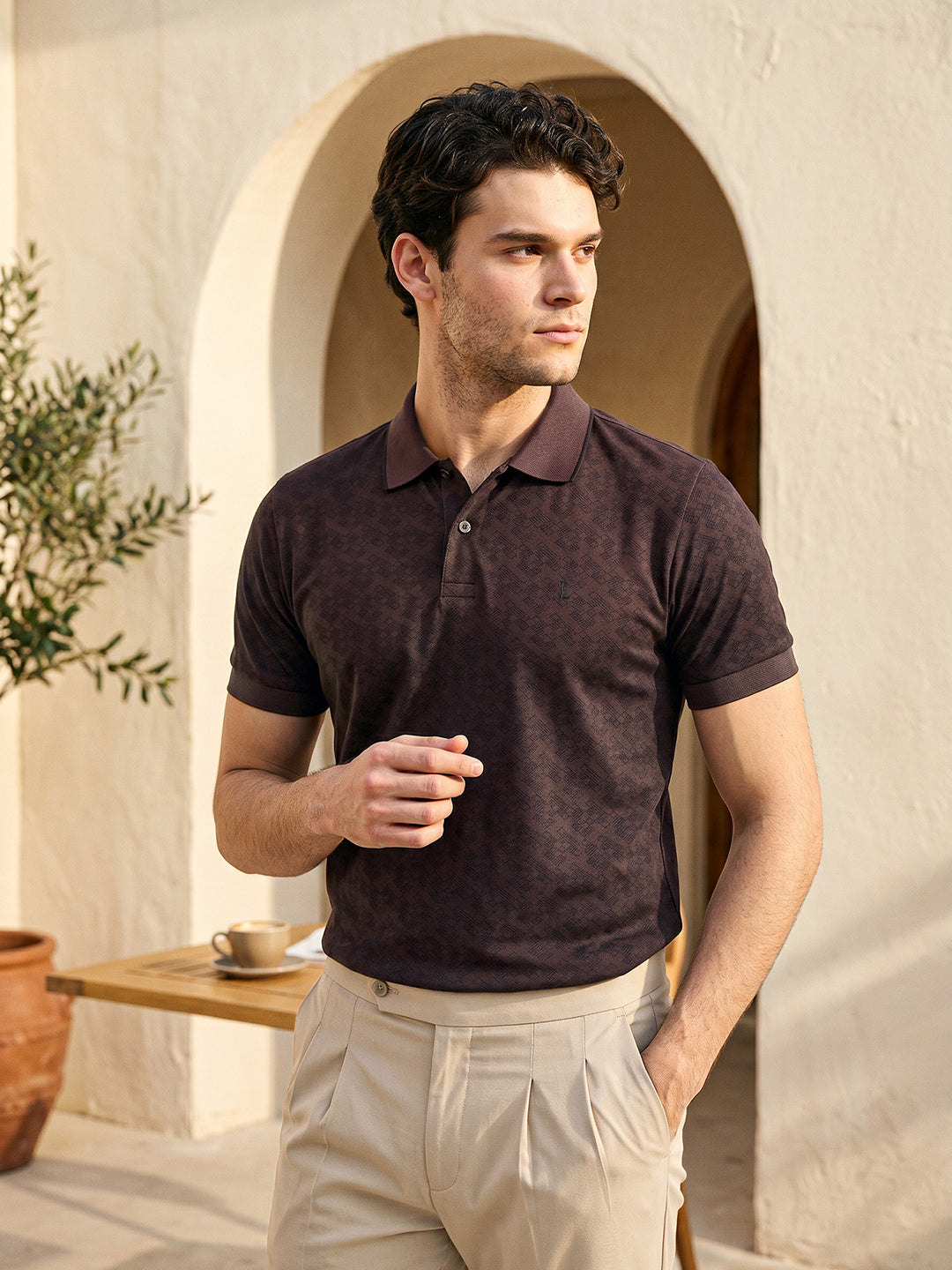 Signature Regular Fit Printed Brown Polo T-shirt