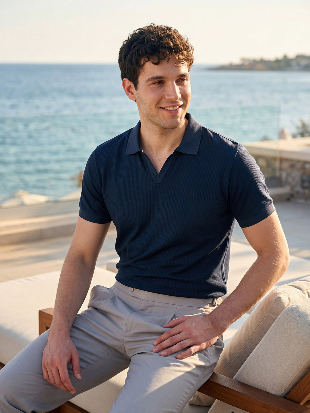 Signature Regular Fit Johnny Collar Self Striped Navy Polo T-shirt