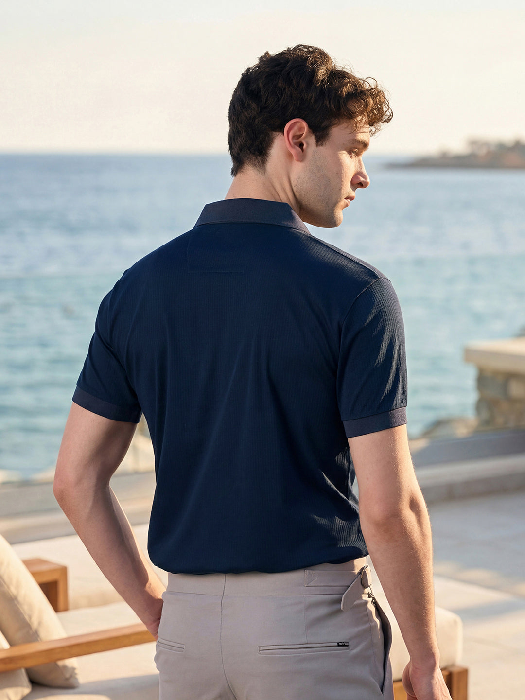 Signature Regular Fit Johnny Collar Self Striped Navy Polo T-shirt