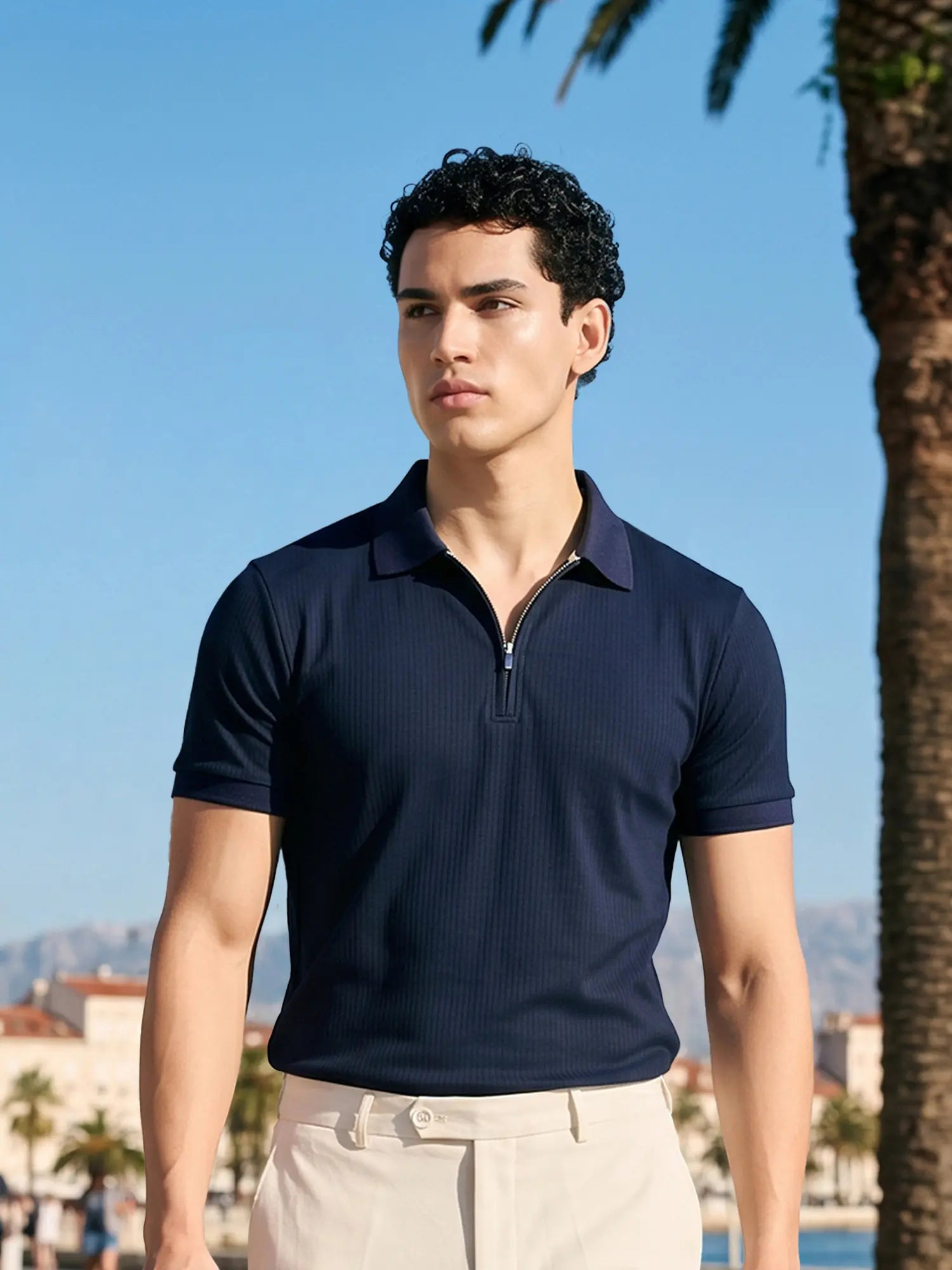 Signature Regular Fit Navy Blue Zippered Polo T-shirt