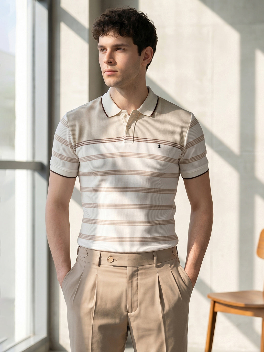 Classic Regular Fit Brown Striped Polo T-shirt