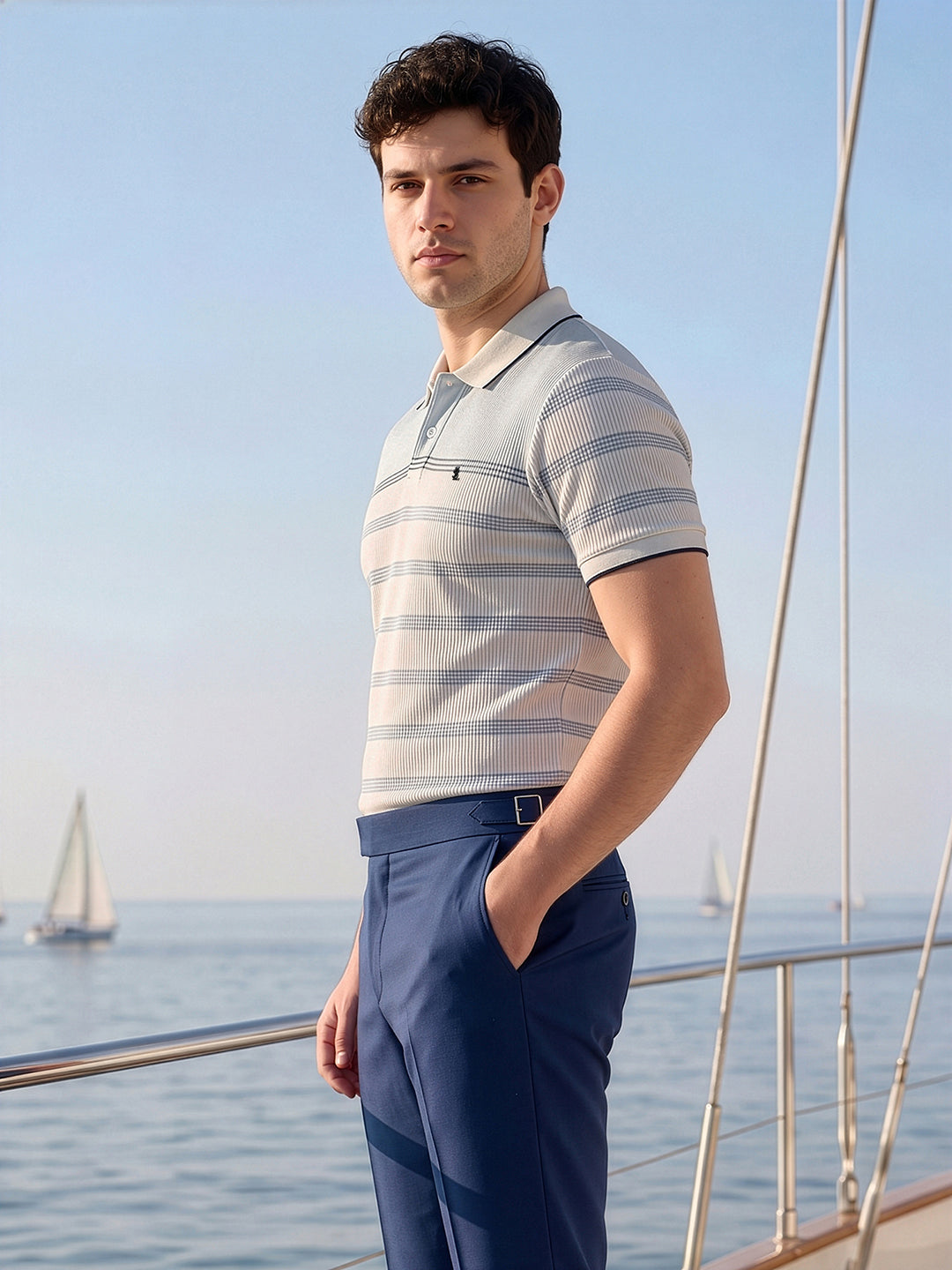 Classic Regular Fit Blue Striped Polo T-shirt