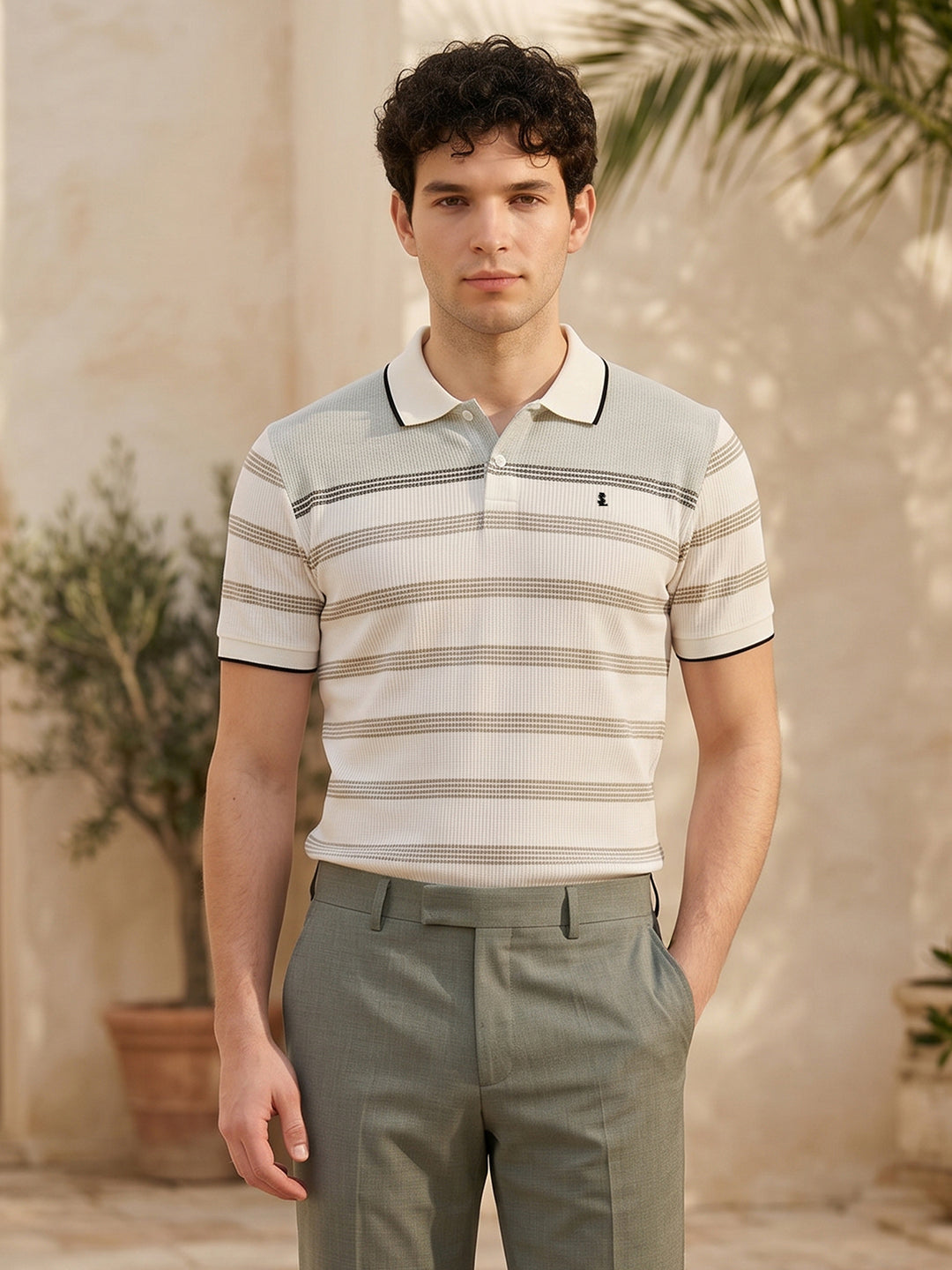 Classic Regular Fit Green Striped Polo T-shirt