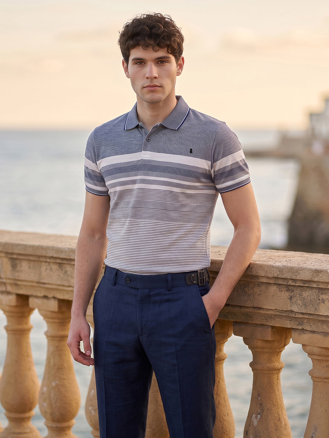 Classic Regular Fit Striped Blue Polo T-shirt