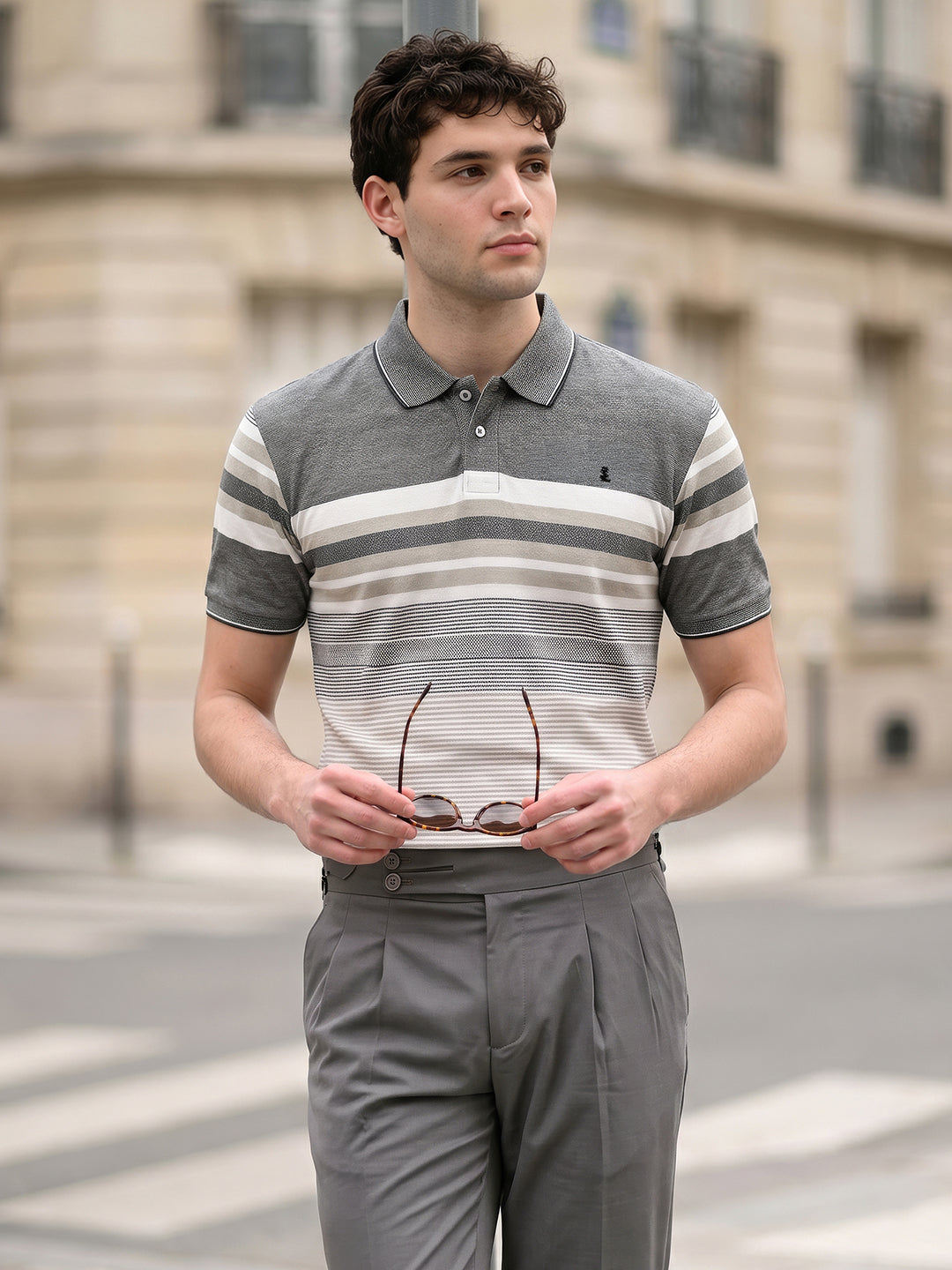 Classic Regular Fit Striped Green Polo T-shirt