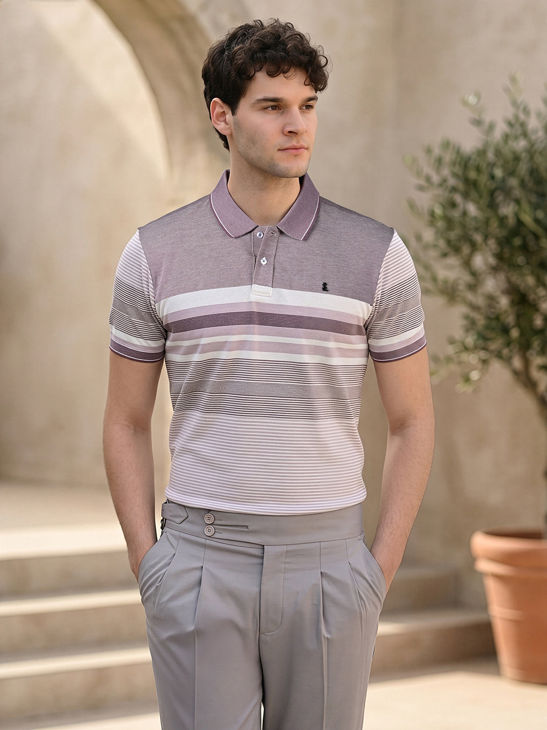 Classic Regular Fit Striped Wine Polo T-shirt