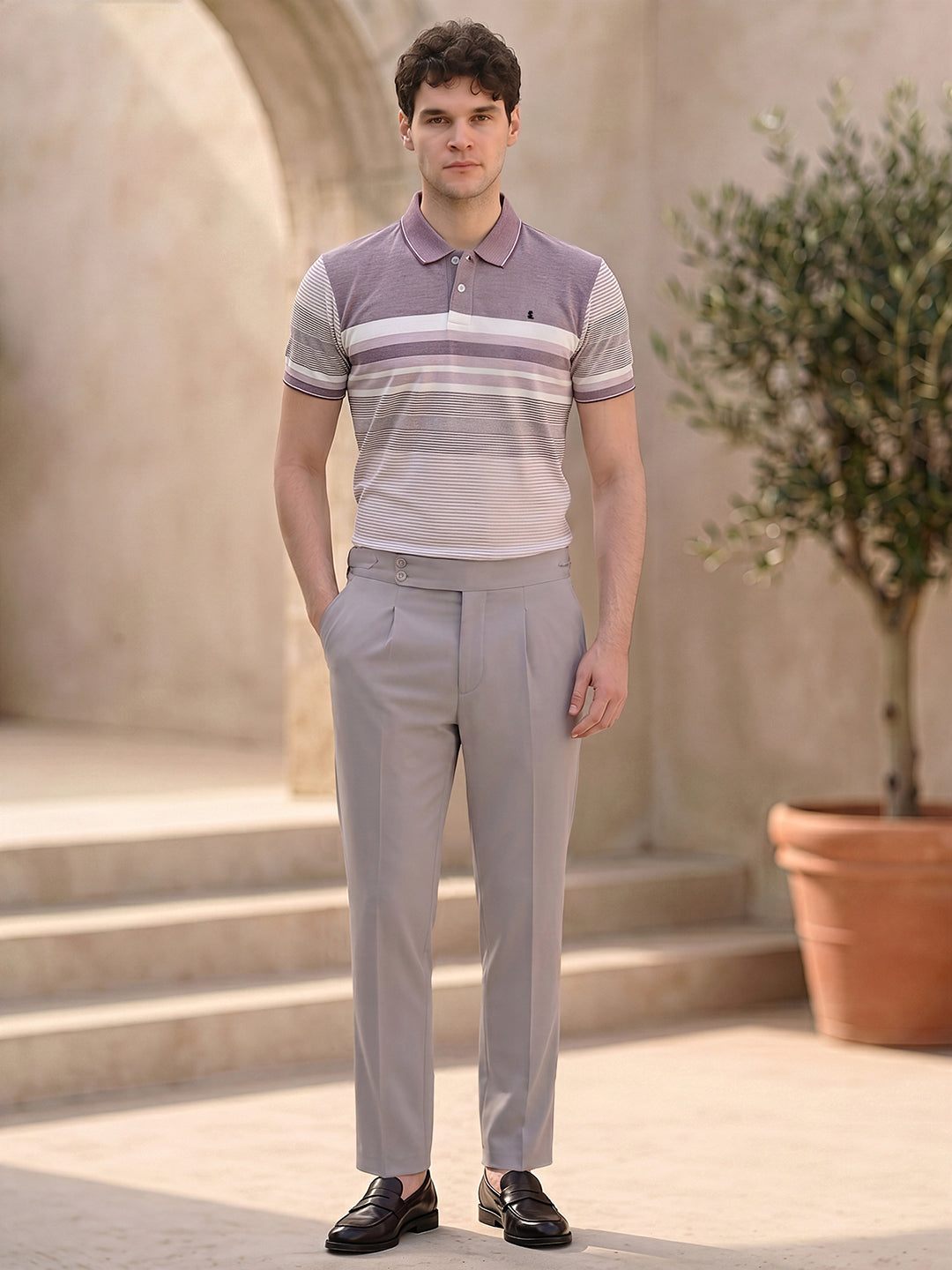 Classic Regular Fit Striped Wine Polo T-shirt