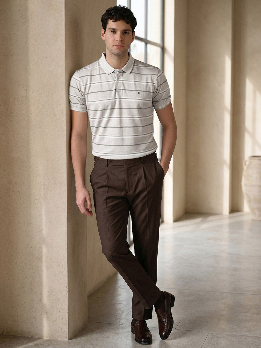 Classic Regular Fit Striped Beige Polo T-shirt