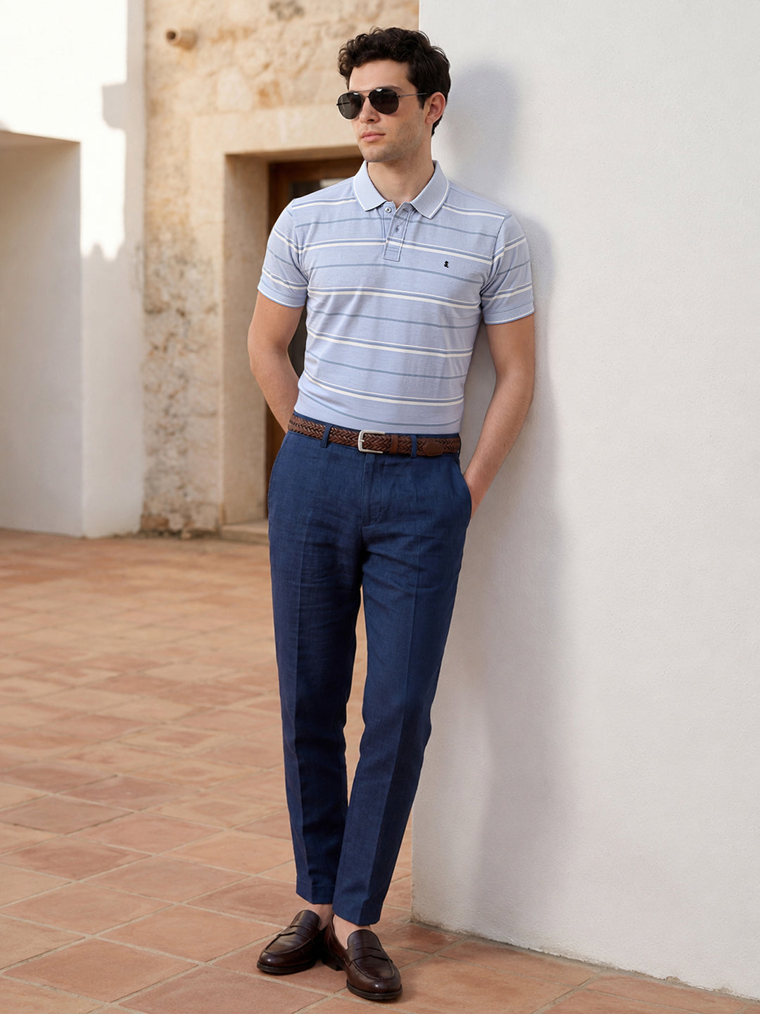 Classic Regular Fit Striped Blue Polo T-shirt