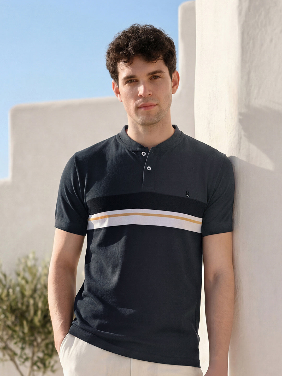 Classic Dark Grey Mock Collar Striped T-shirt