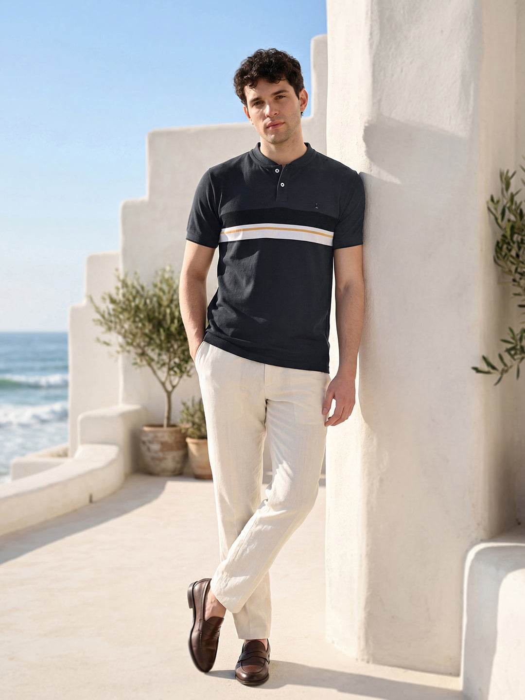 Classic Dark Grey Mock Collar Striped T-shirt
