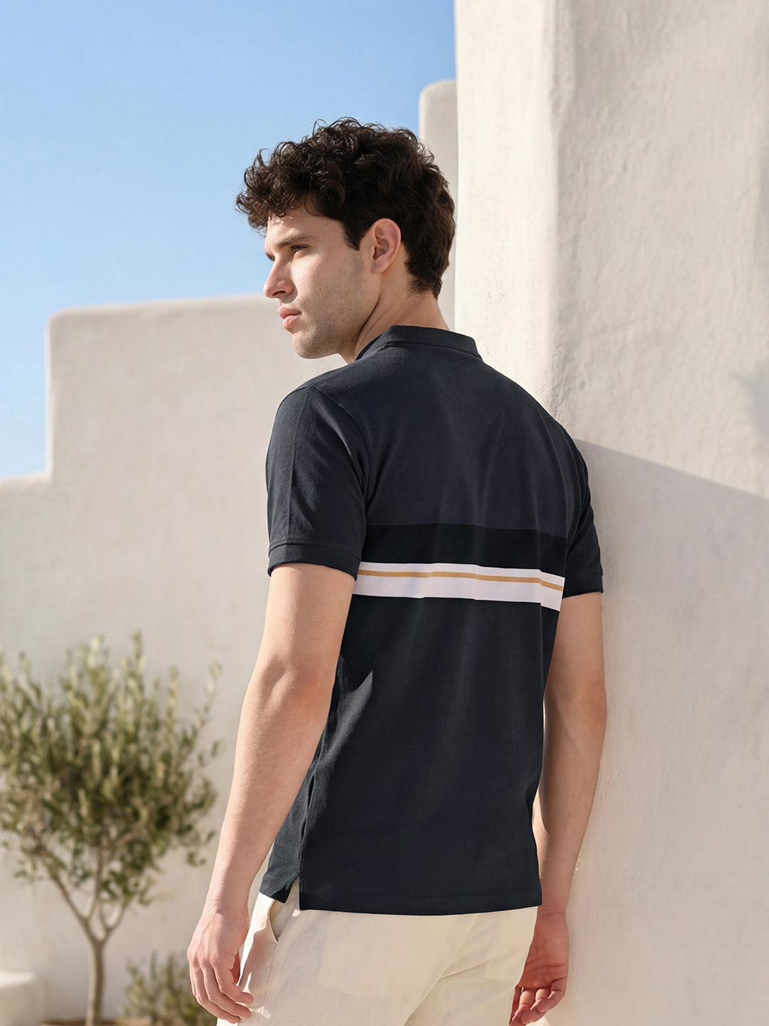 Classic Dark Grey Mock Collar Striped T-shirt