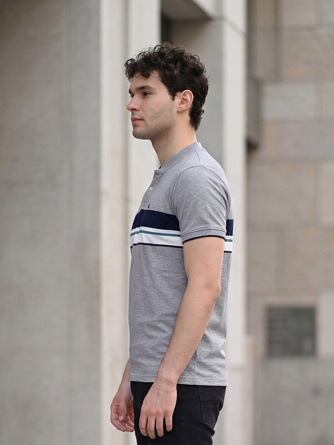 Classic Light Grey Mock Collar Striped T-shirt