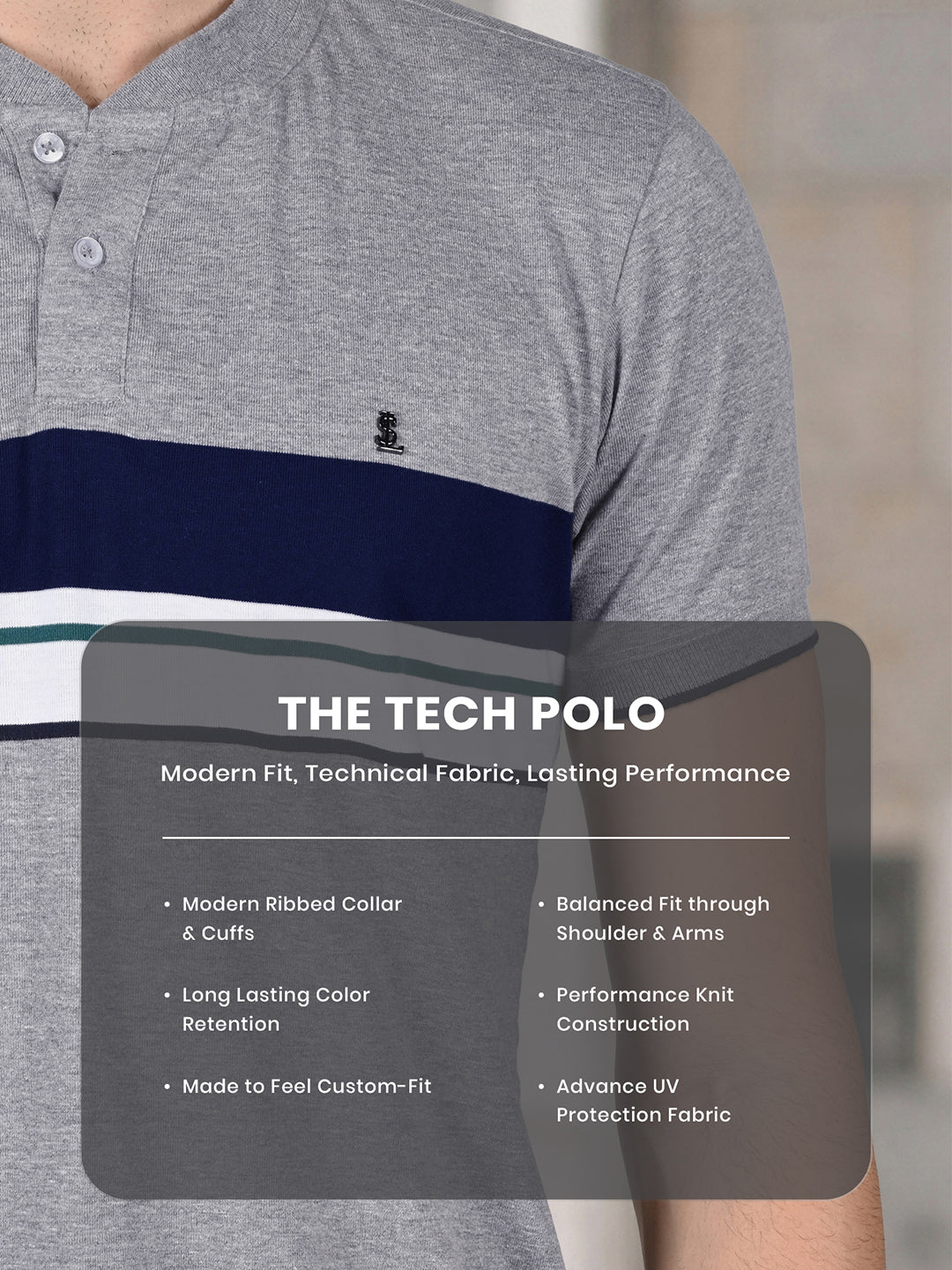 Classic Light Grey Mock Collar Striped T-shirt