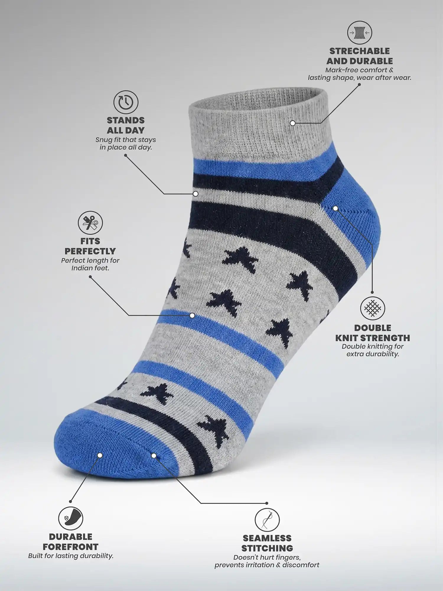 Men's Breathable & Durable Cotton Blend Comfort Ankle Socks Pack of 5