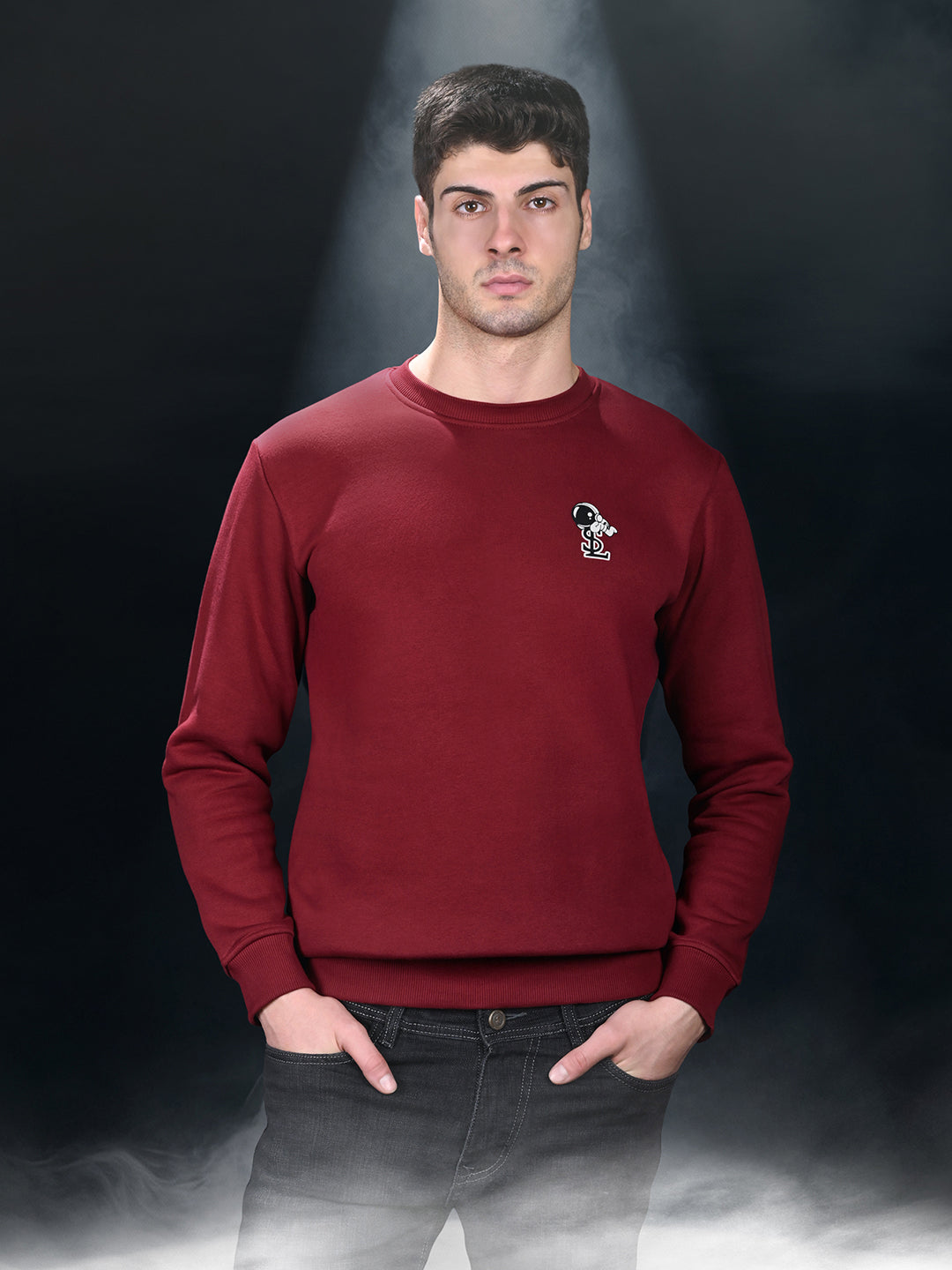 Astronaut Graphic Printed Red Regular Fit Pullover Sweatshirt