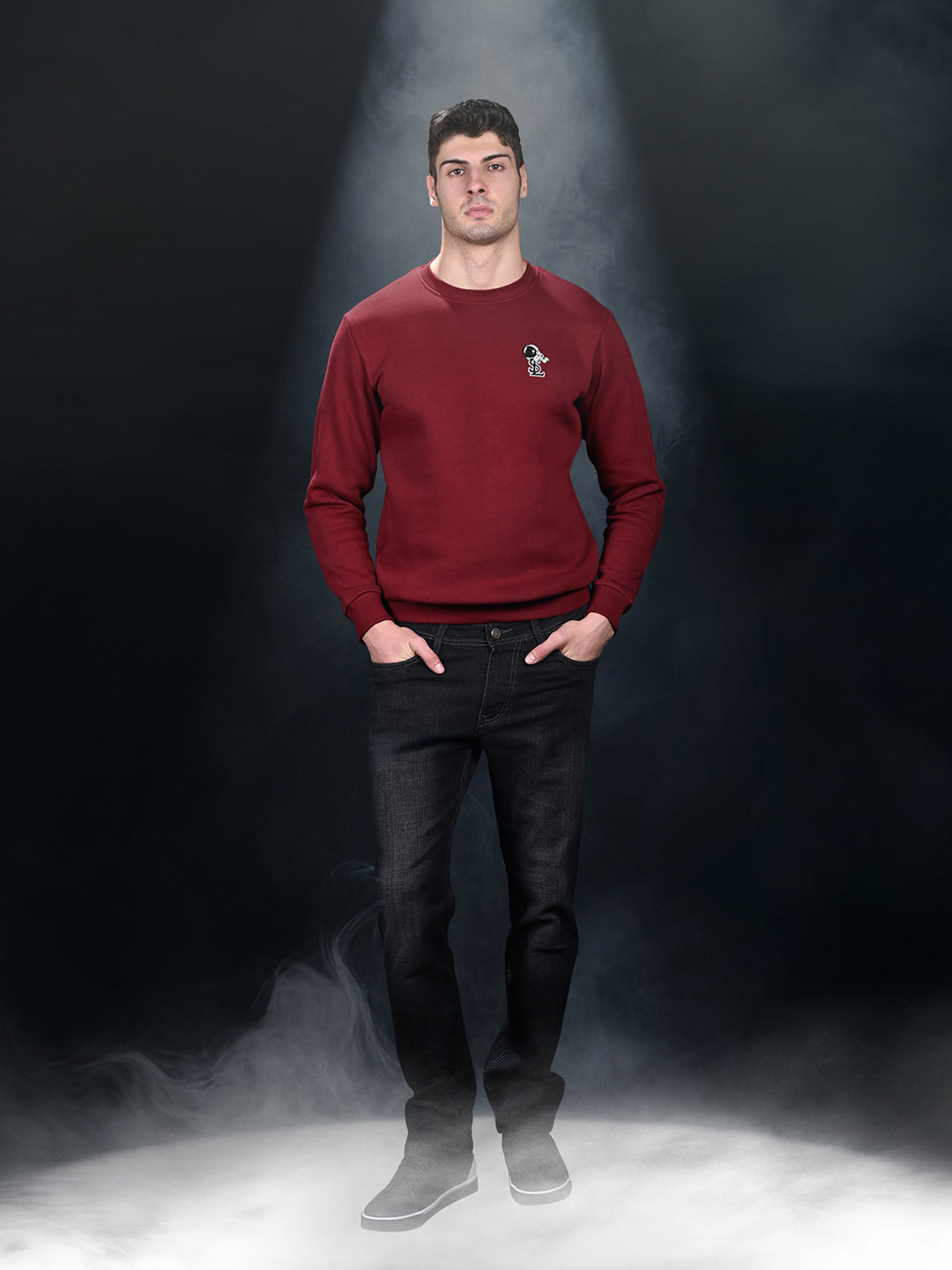Astronaut Graphic Printed Red Regular Fit Pullover Sweatshirt