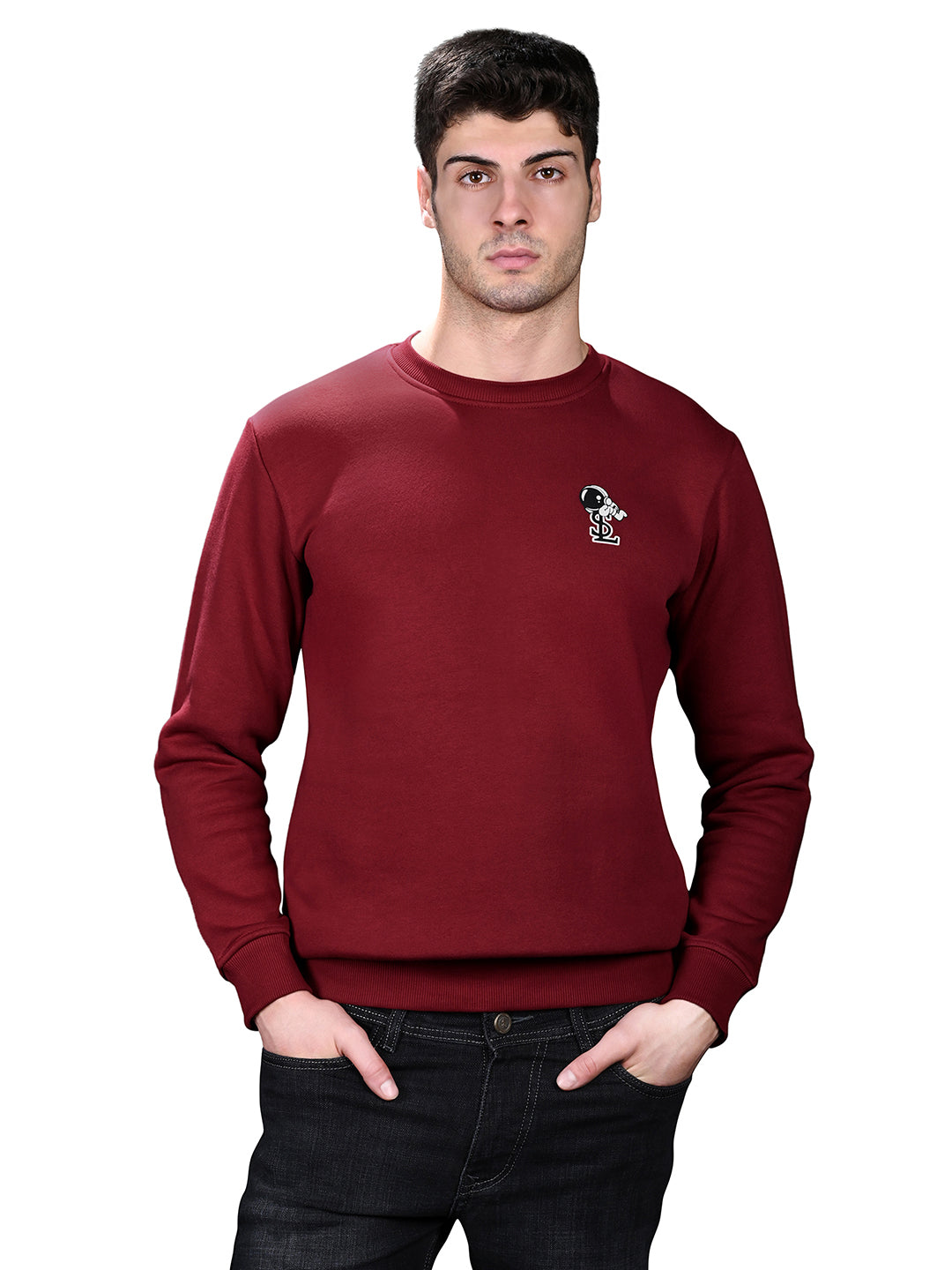 Astronaut Graphic Printed Red Regular Fit Pullover Sweatshirt