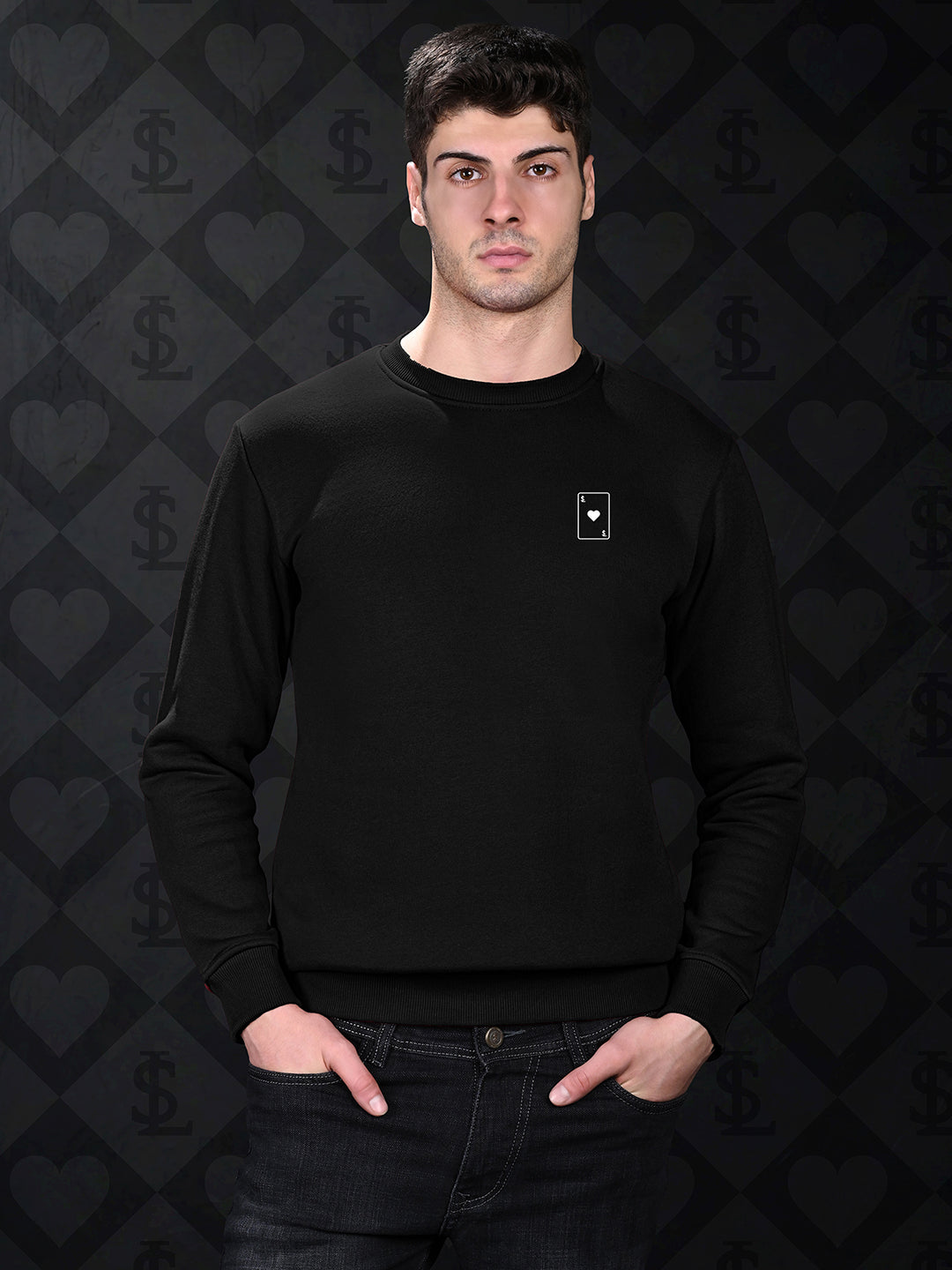 Ace of Card Inspired Black Regular Fit Pullover Sweatshirt