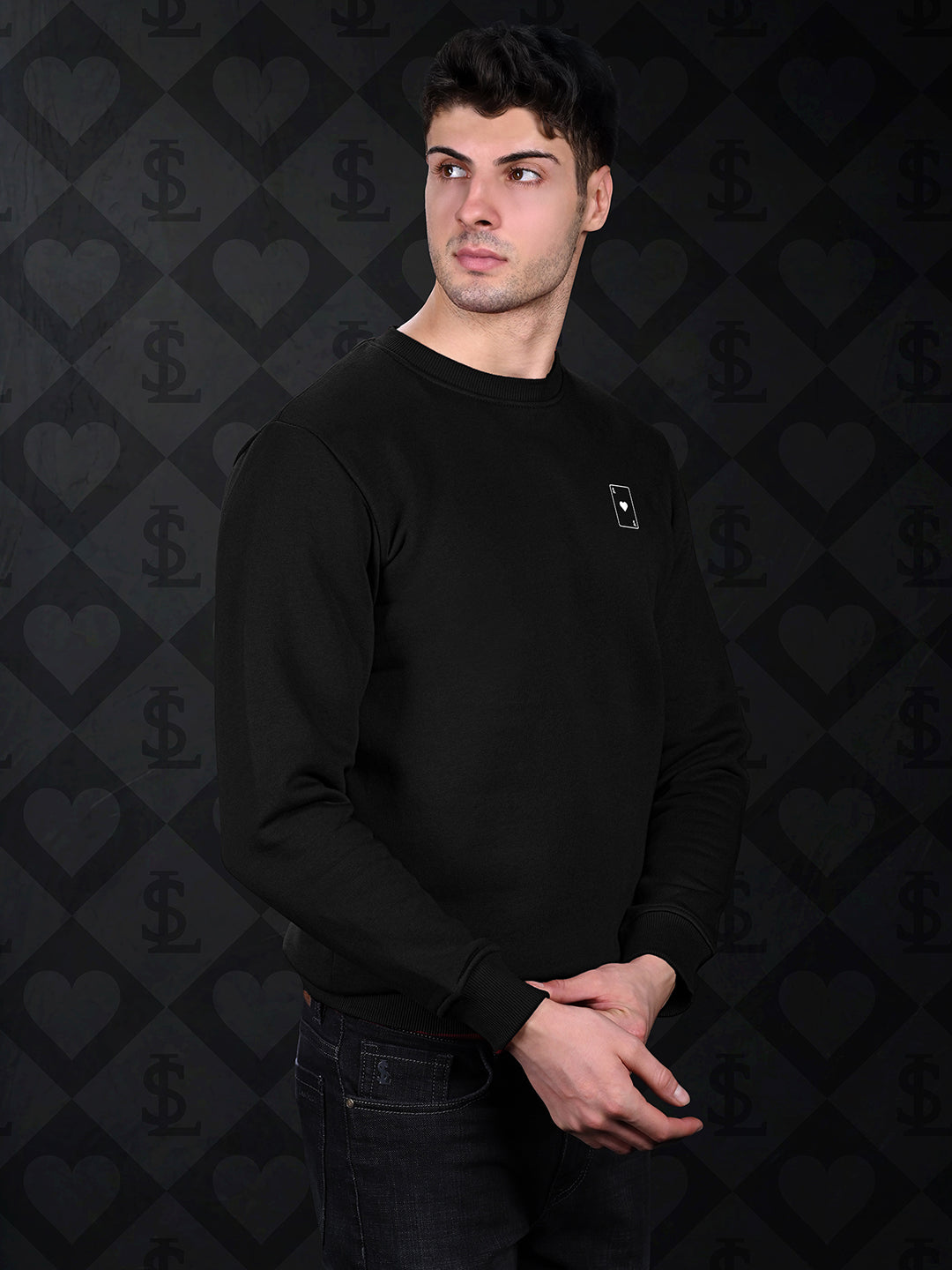 Ace of Card Inspired Black Regular Fit Pullover Sweatshirt