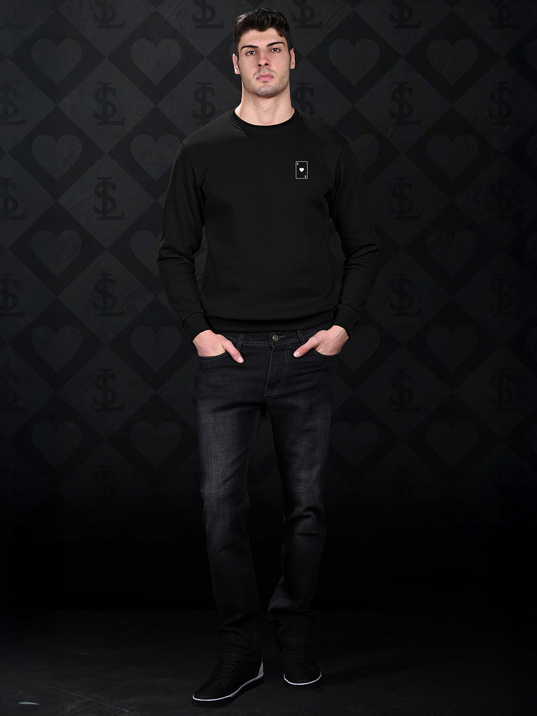 Ace of Card Inspired Black Regular Fit Pullover Sweatshirt