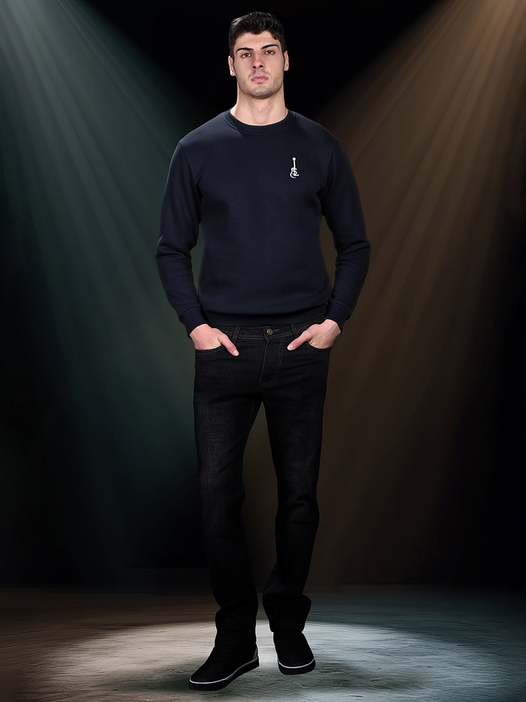 Guitar Inspired Signature Logo Navy Regular Fit Pullover Sweatshirt
