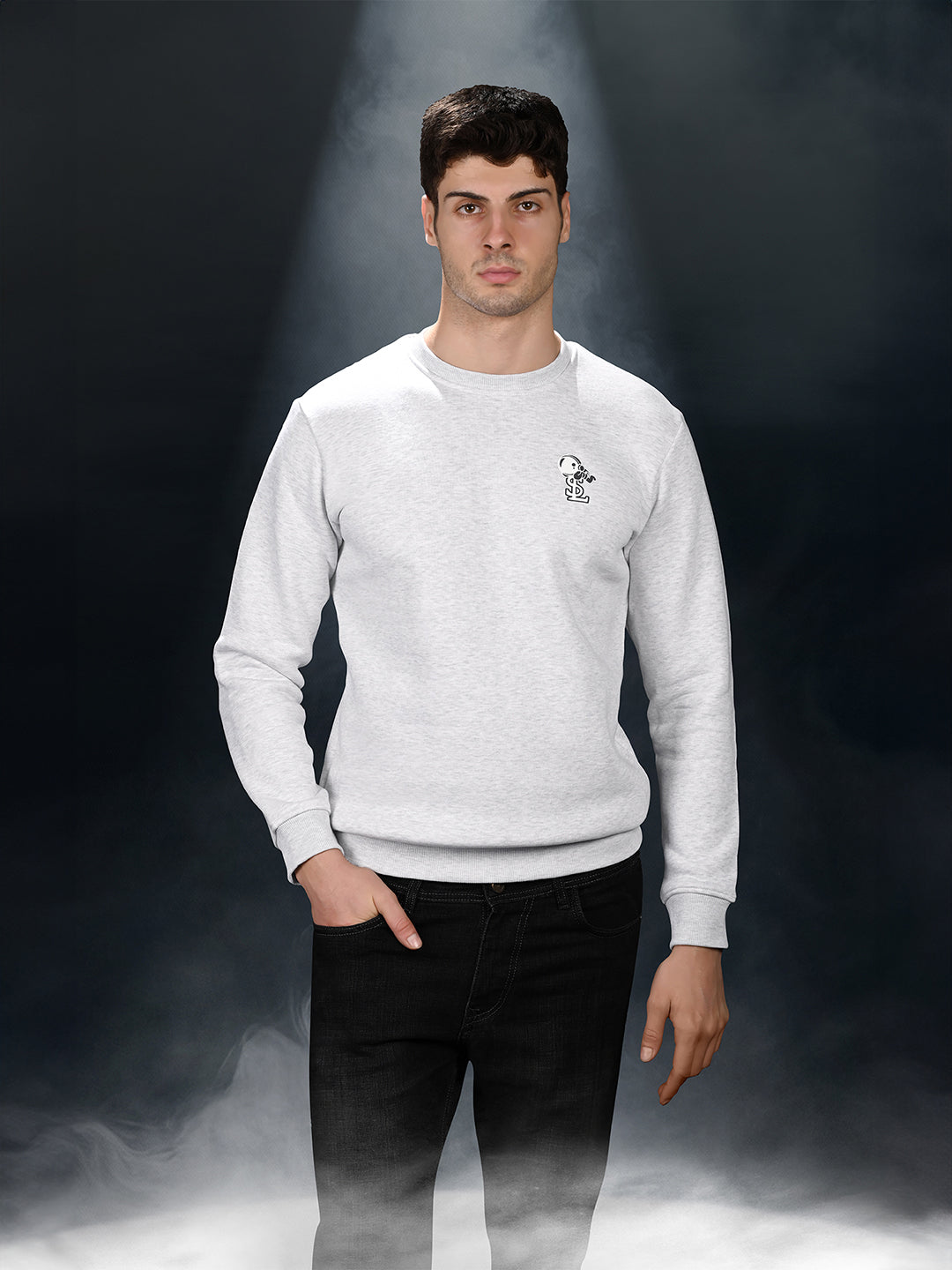 Astronaut Graphic Printed White Melange Regular Fit Pullover Sweatshirt