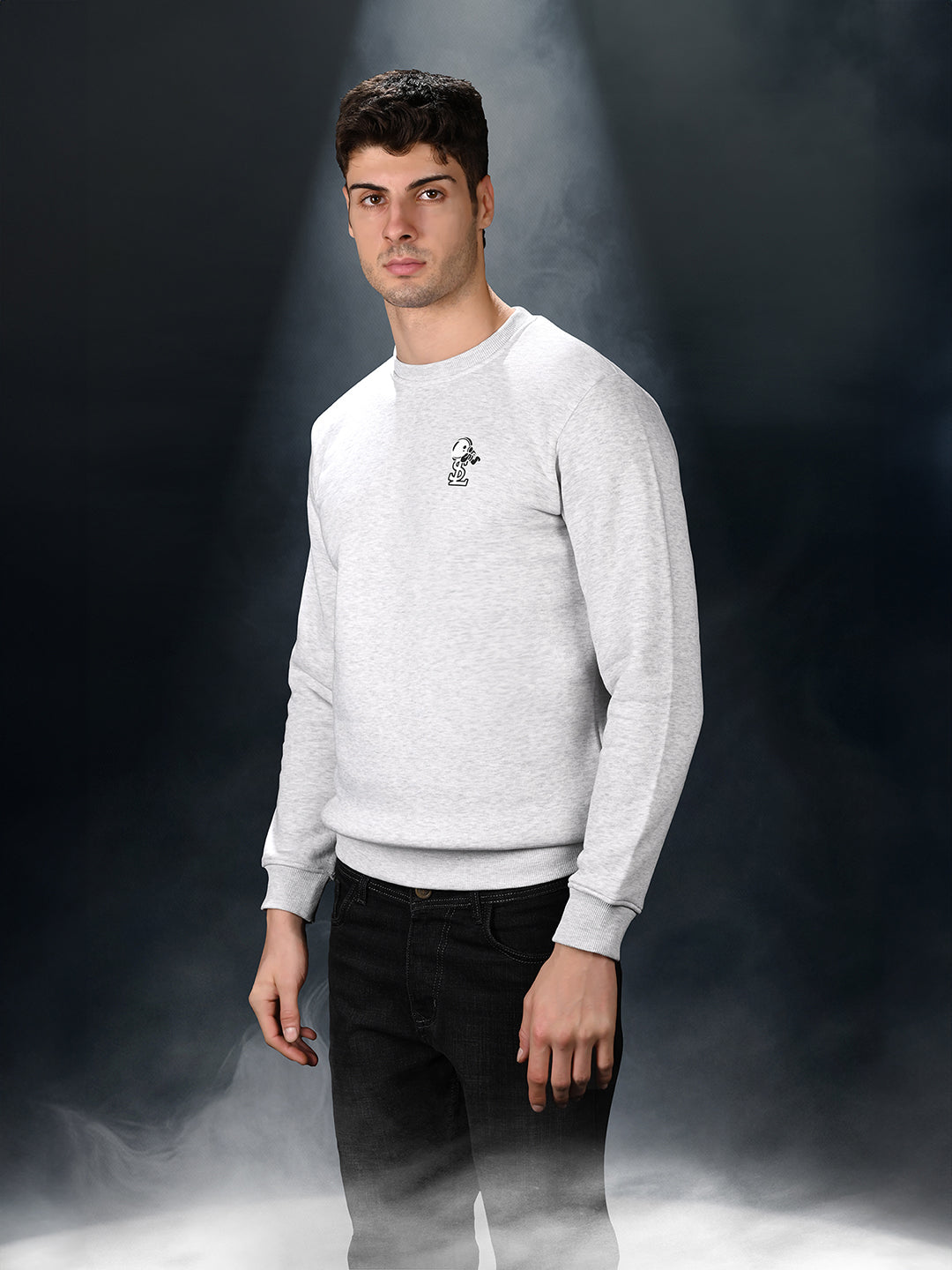 Astronaut Graphic Printed White Melange Regular Fit Pullover Sweatshirt