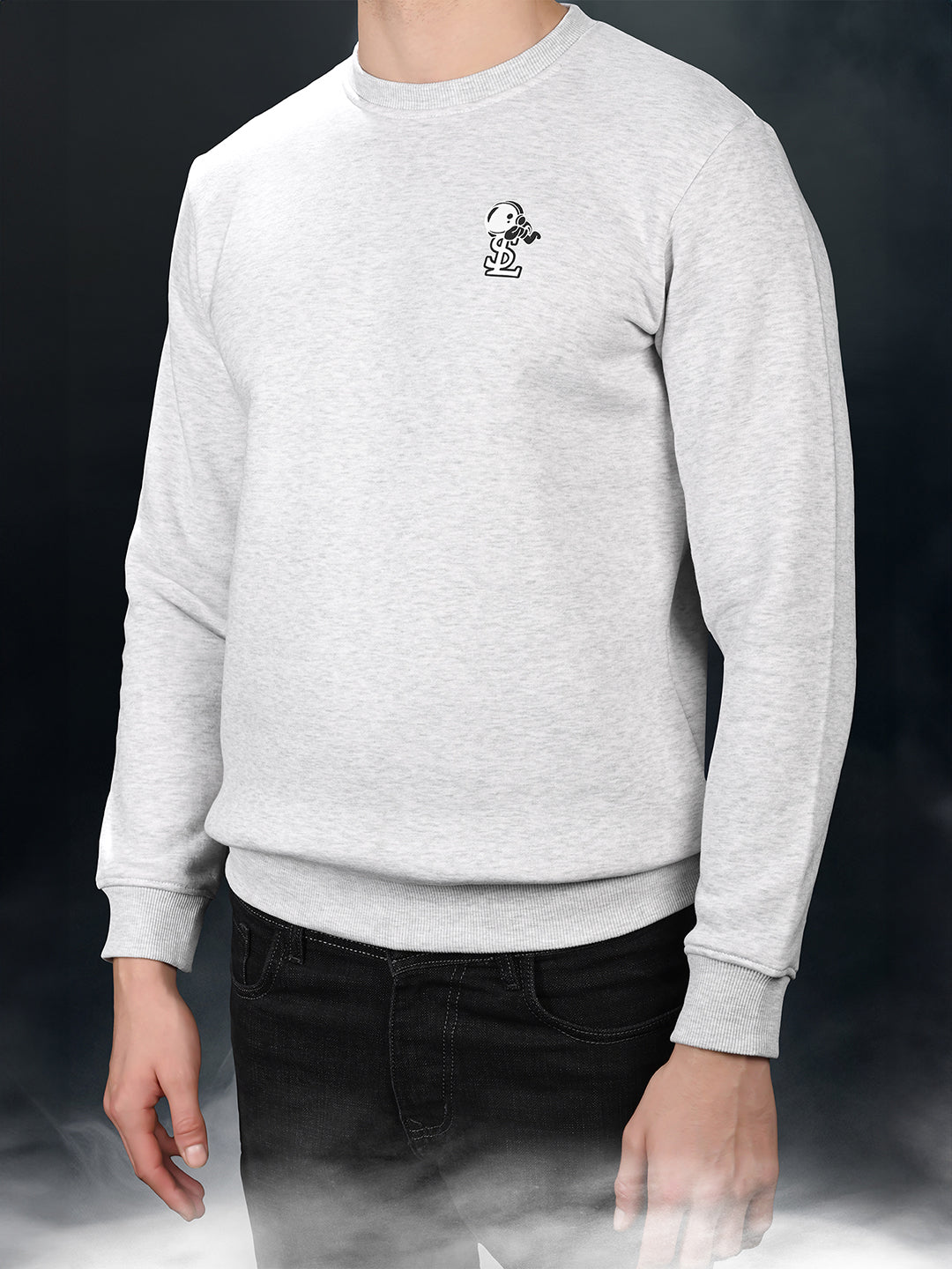 Astronaut Graphic Printed White Melange Regular Fit Pullover Sweatshirt