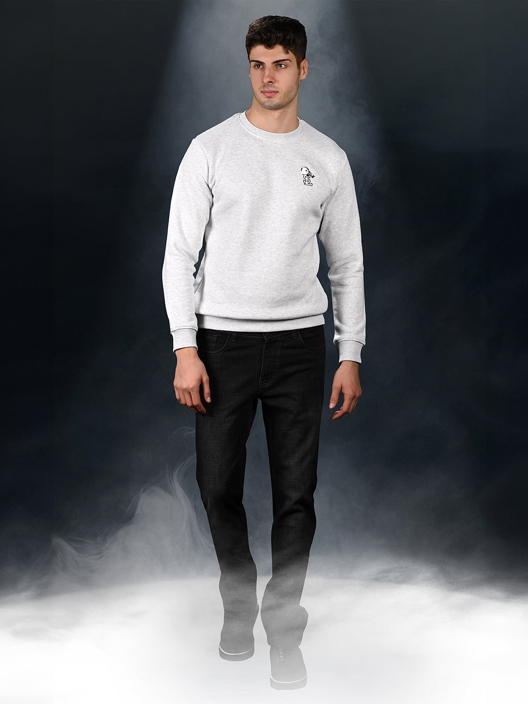 Astronaut Graphic Printed White Melange Regular Fit Pullover Sweatshirt