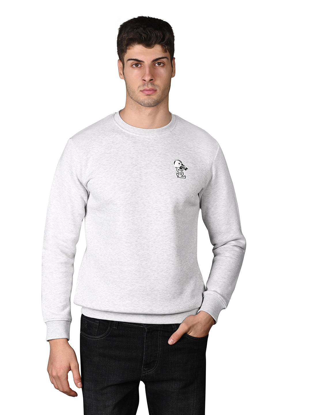 Astronaut Graphic Printed White Melange Regular Fit Pullover Sweatshirt