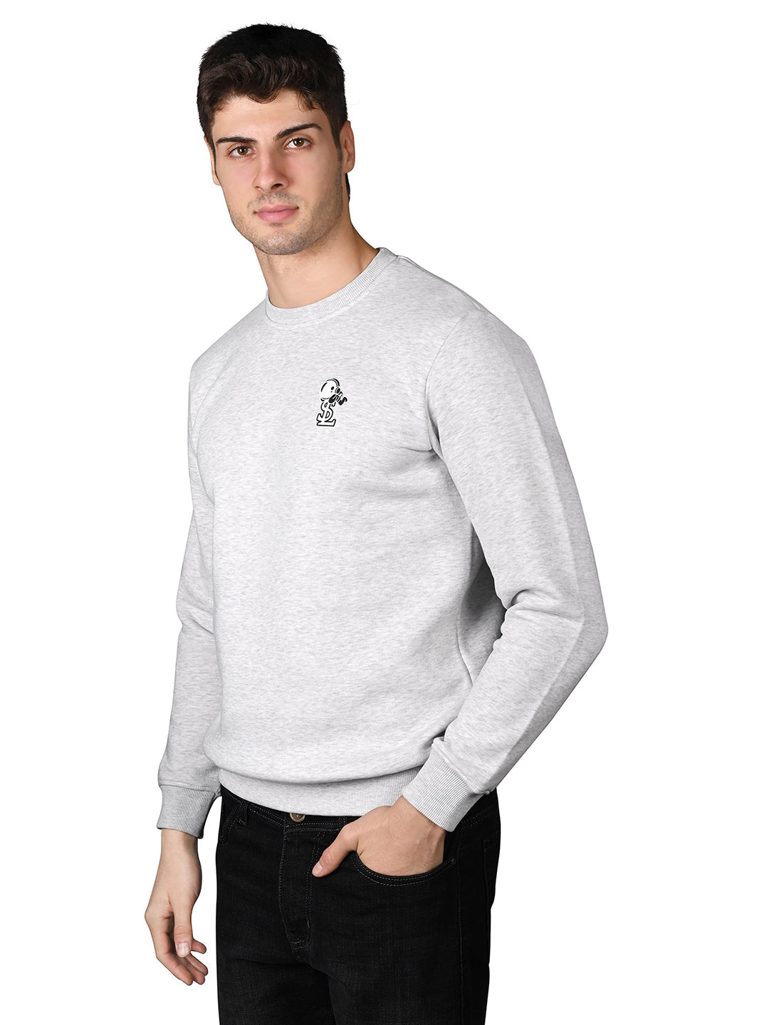 Astronaut Graphic Printed White Melange Regular Fit Pullover Sweatshirt