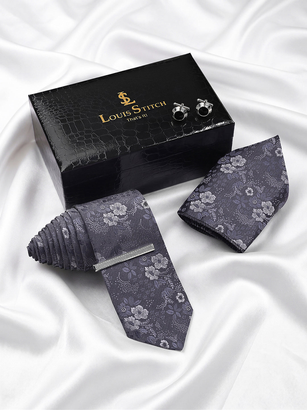 Floral Black Luxury Polyster Micro Fabric Necktie Set Pocket Square Chrome Tiepin Cufflinks and Brooch