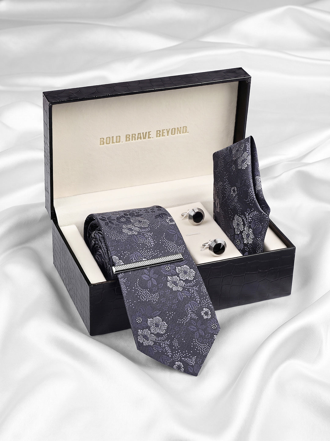 Floral Black Luxury Polyster Micro Fabric Necktie Set Pocket Square Chrome Tiepin Cufflinks and Brooch
