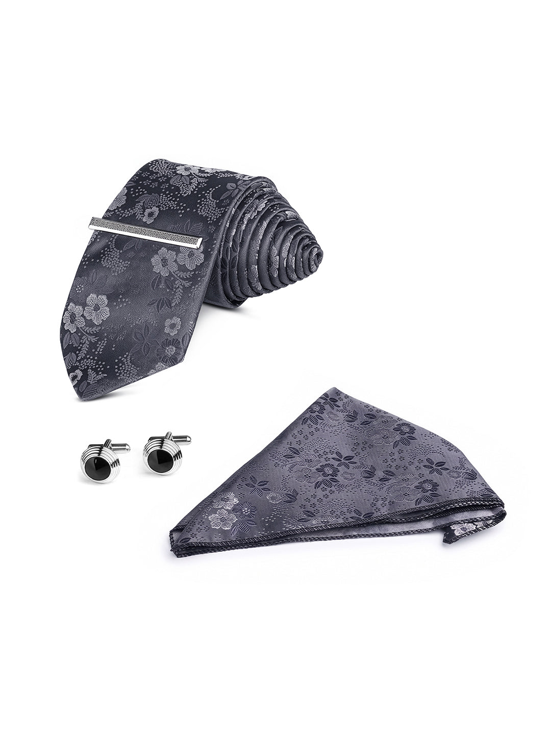 Floral Black Luxury Polyster Micro Fabric Necktie Set Pocket Square Chrome Tiepin Cufflinks and Brooch