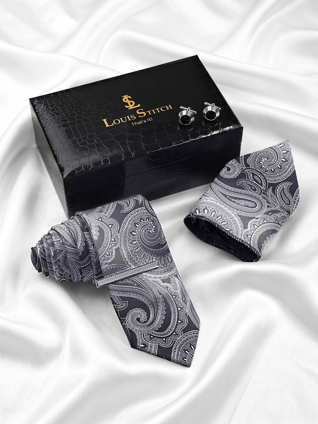 Paisley Black Luxury Polyster Micro Fabric Necktie Set Pocket Square Chrome Tiepin Cufflinks and Brooch