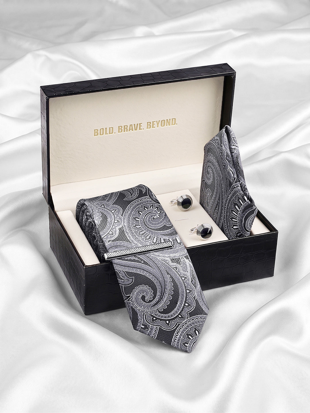 Paisley Black Luxury Polyster Micro Fabric Necktie Set Pocket Square Chrome Tiepin Cufflinks and Brooch