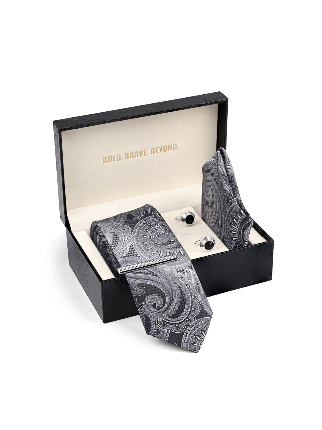 Paisley Black Luxury Polyster Micro Fabric Necktie Set Pocket Square Chrome Tiepin Cufflinks and Brooch