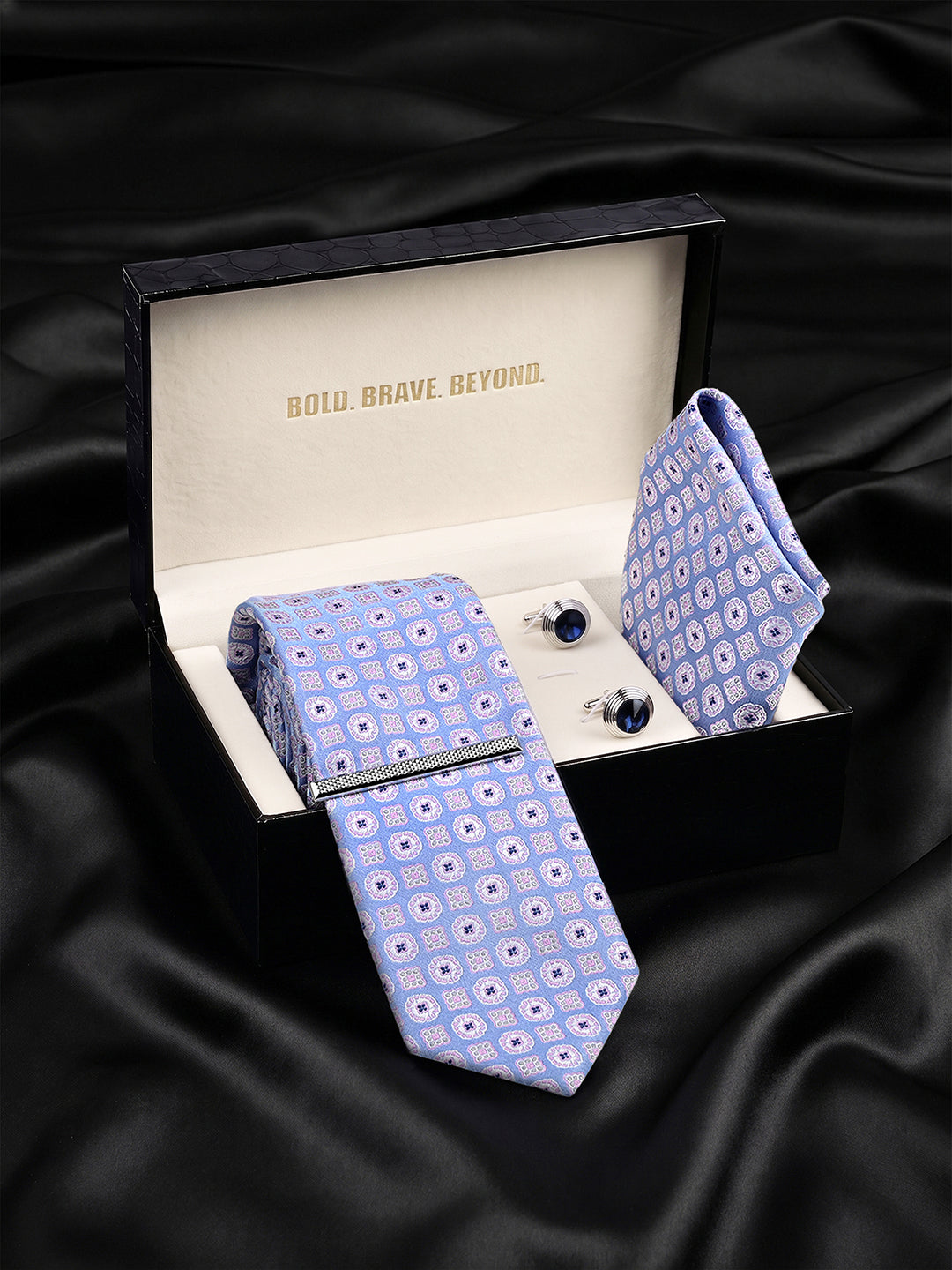 Patterned Blue Luxury Polyster Micro Fabric Necktie Set Pocket Square Chrome Tiepin Cufflinks and Brooch