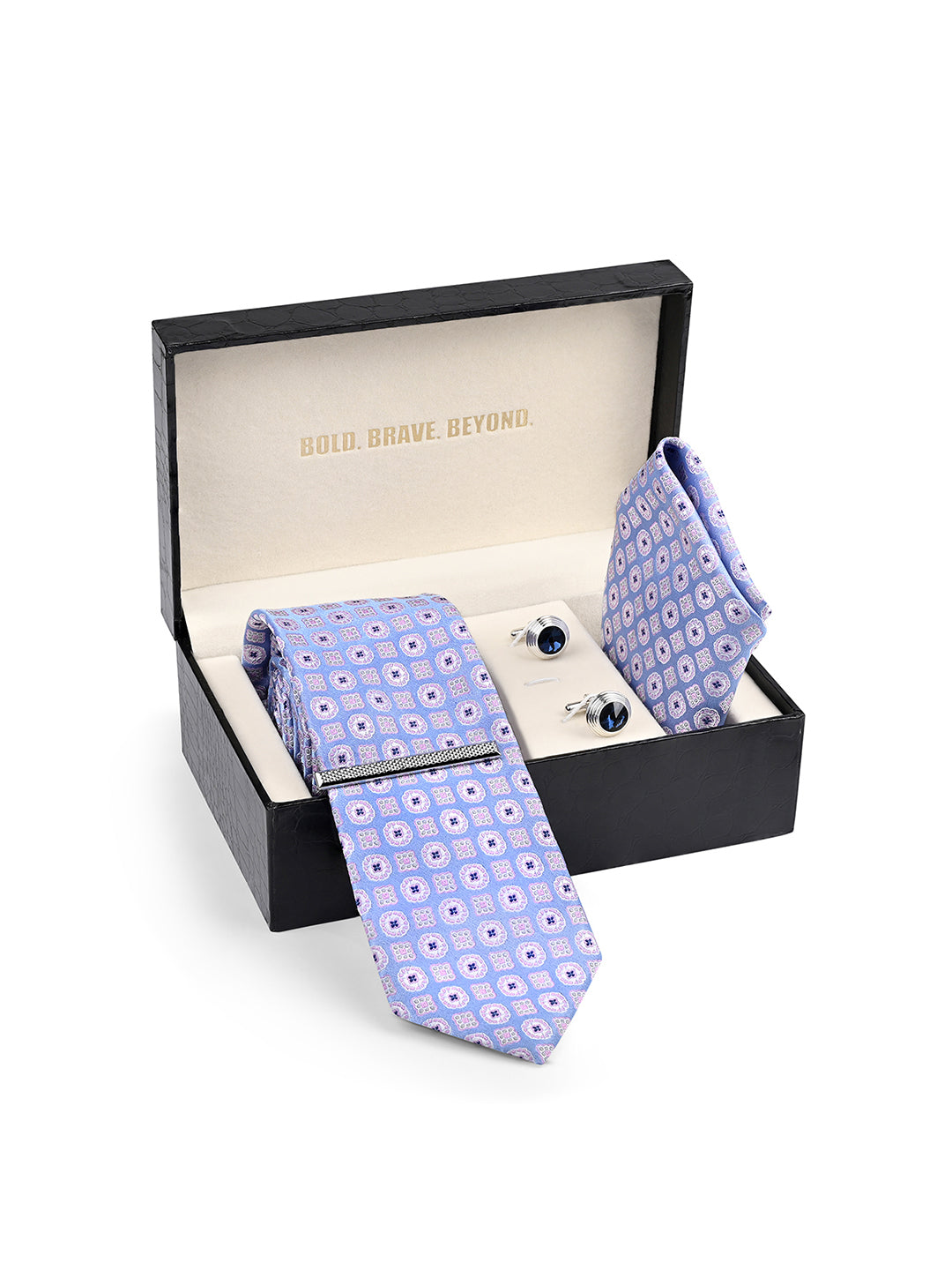 Patterned Blue Luxury Polyster Micro Fabric Necktie Set Pocket Square Chrome Tiepin Cufflinks and Brooch