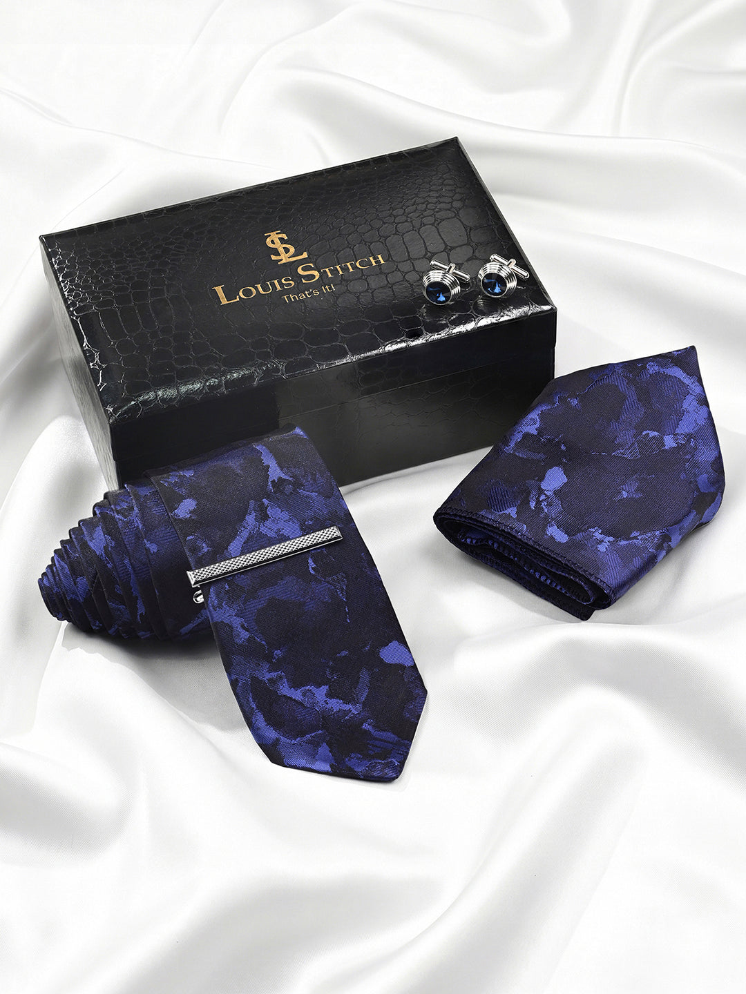 Dark Blue Luxury Polyster Micro Fabric Necktie Set Pocket Square Chrome Tiepin Cufflinks and Brooch